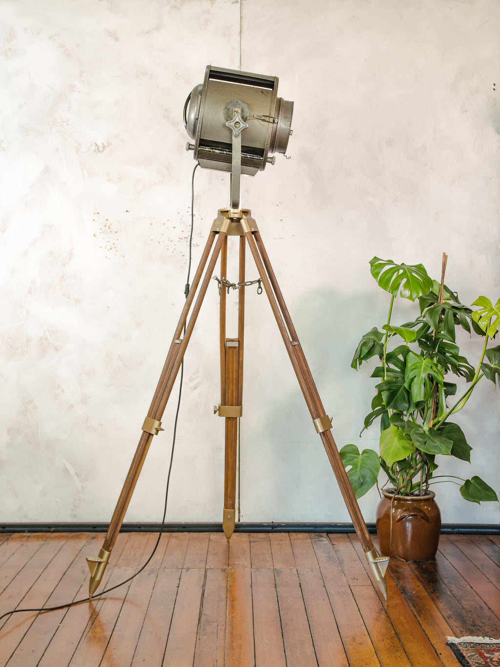 ADB SP.1000 Belgian Theatre Spotlight Floor Lamp | 1960s 1KW Stage Light on Wild Heerbrugg Surveyor's Tripod
