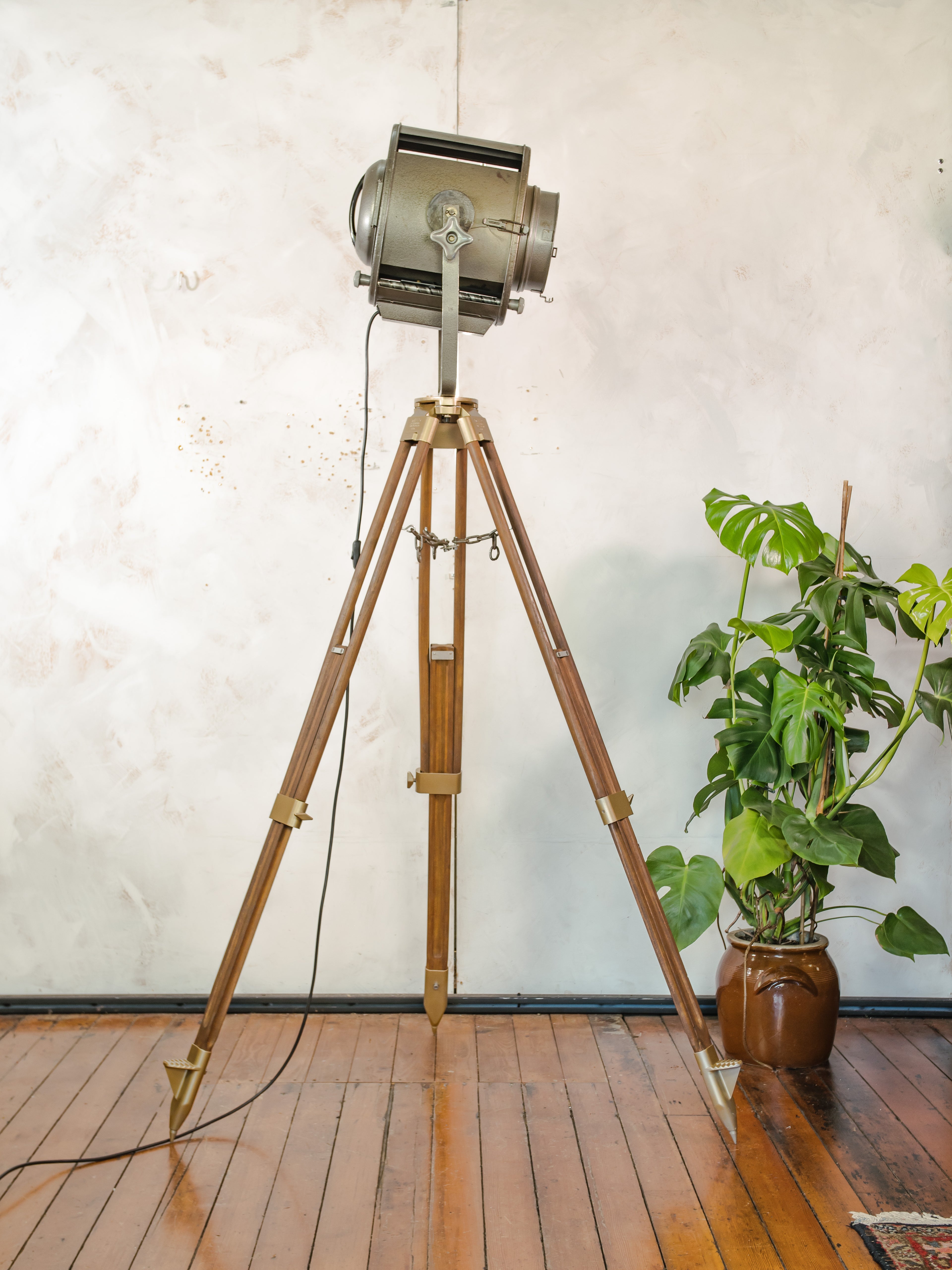 ADB SP.1000 Belgian Theatre Spotlight Floor Lamp | 1960s 1KW Stage Light on Wild Heerbrugg Surveyor's Tripod