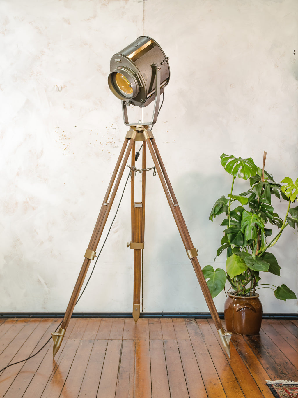 ADB SP.1000 Belgian Theatre Spotlight Floor Lamp | 1960s 1KW Stage Light on Wild Heerbrugg Surveyor's Tripod