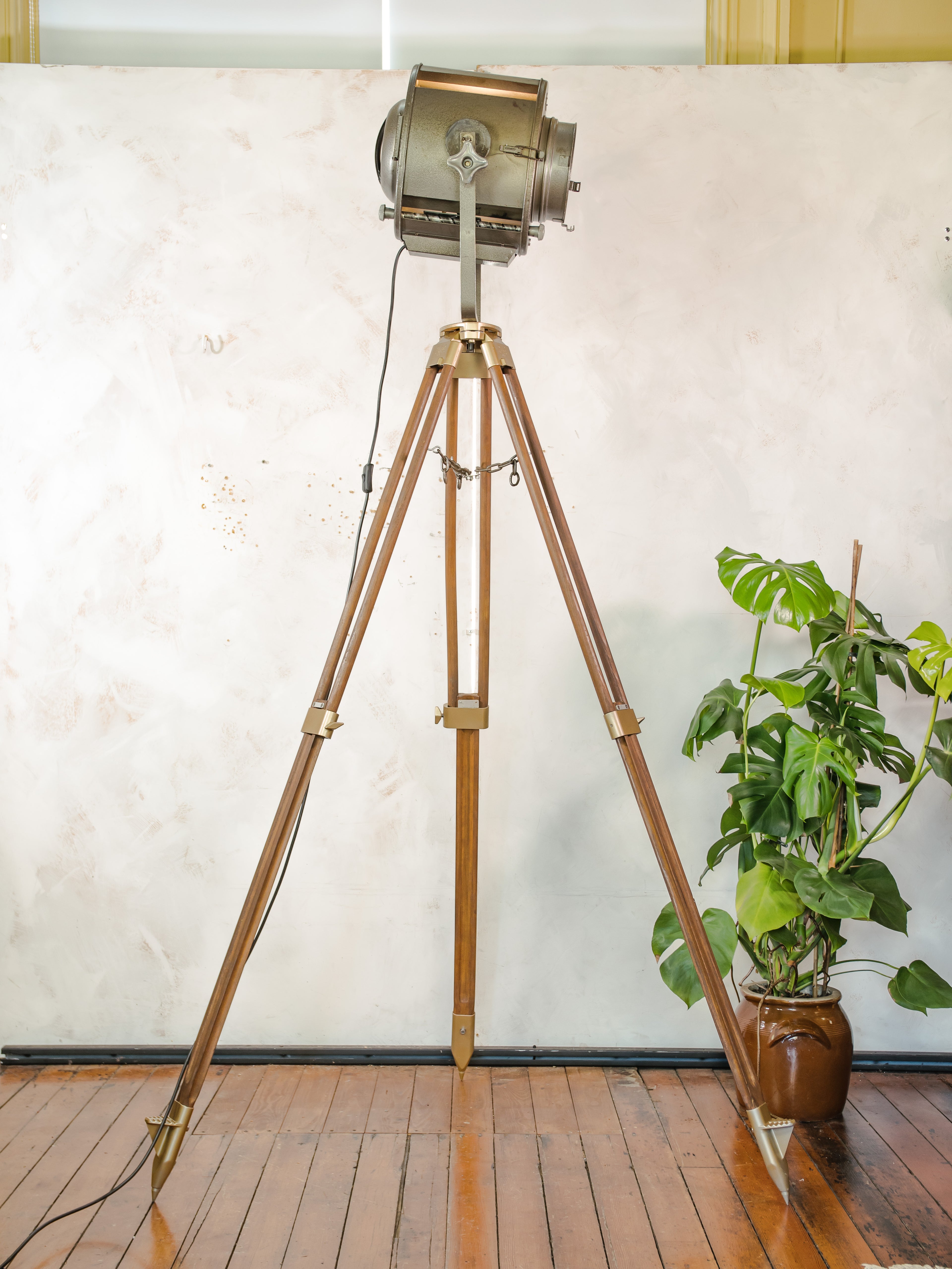ADB SP.1000 Belgian Theatre Spotlight Floor Lamp | 1960s 1KW Stage Light on Wild Heerbrugg Surveyor's Tripod