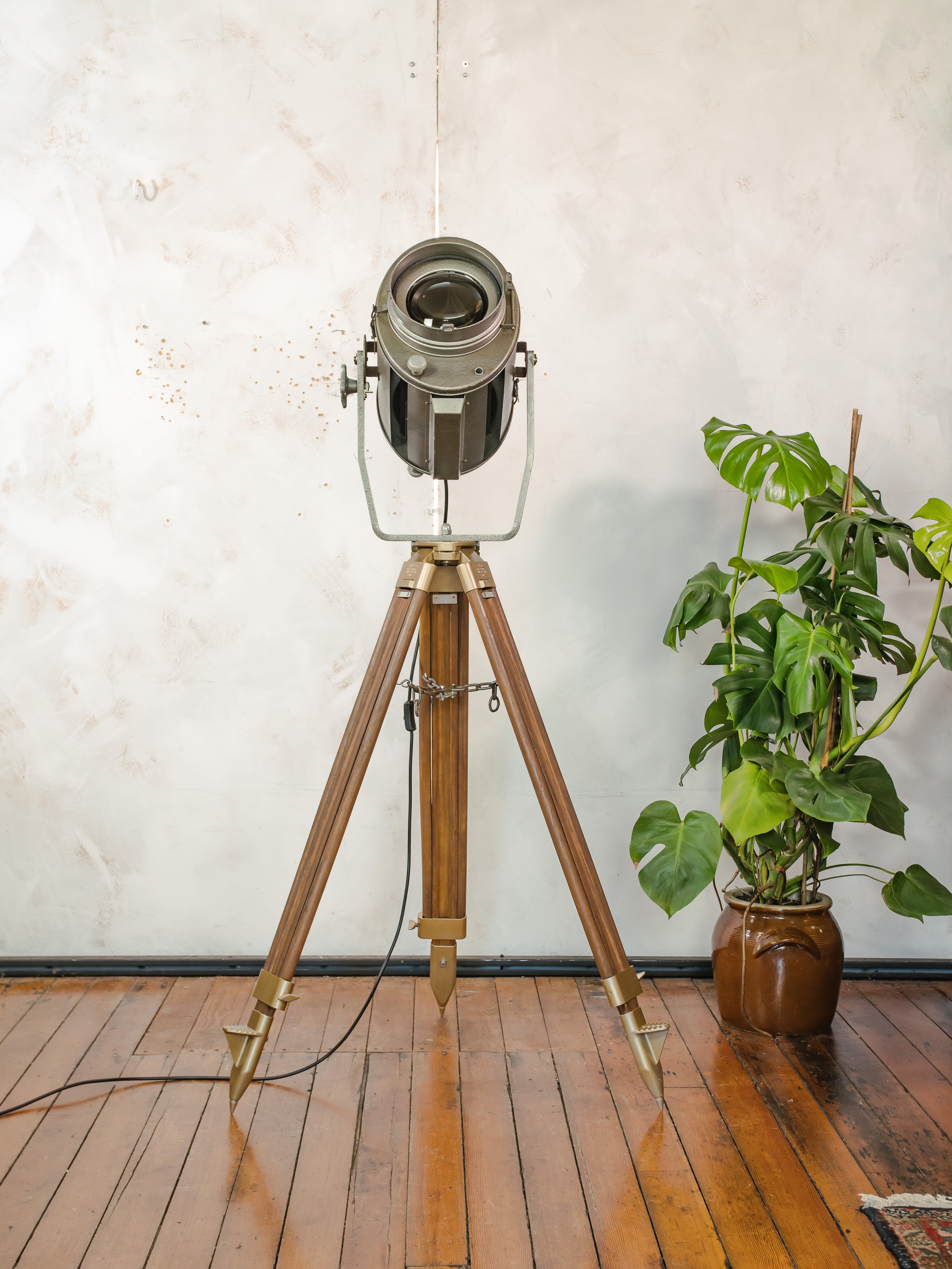 ADB SP.1000 Belgian Theatre Spotlight Floor Lamp | 1960s 1KW Stage Light on Wild Heerbrugg Surveyor's Tripod