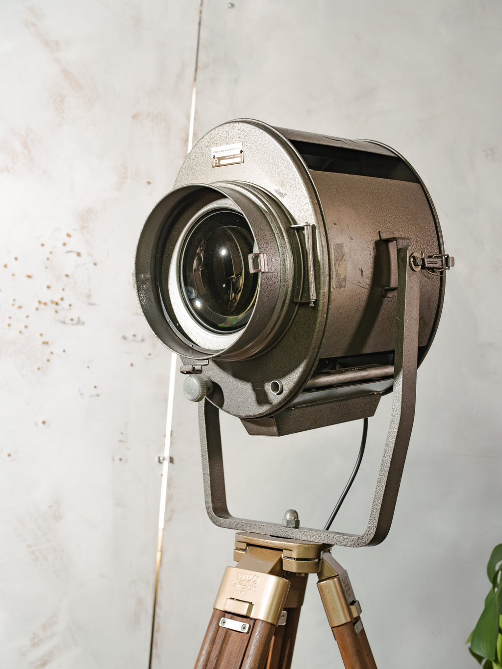 ADB SP.1000 Belgian Theatre Spotlight Floor Lamp | 1960s 1KW Stage Light on Wild Heerbrugg Surveyor's Tripod