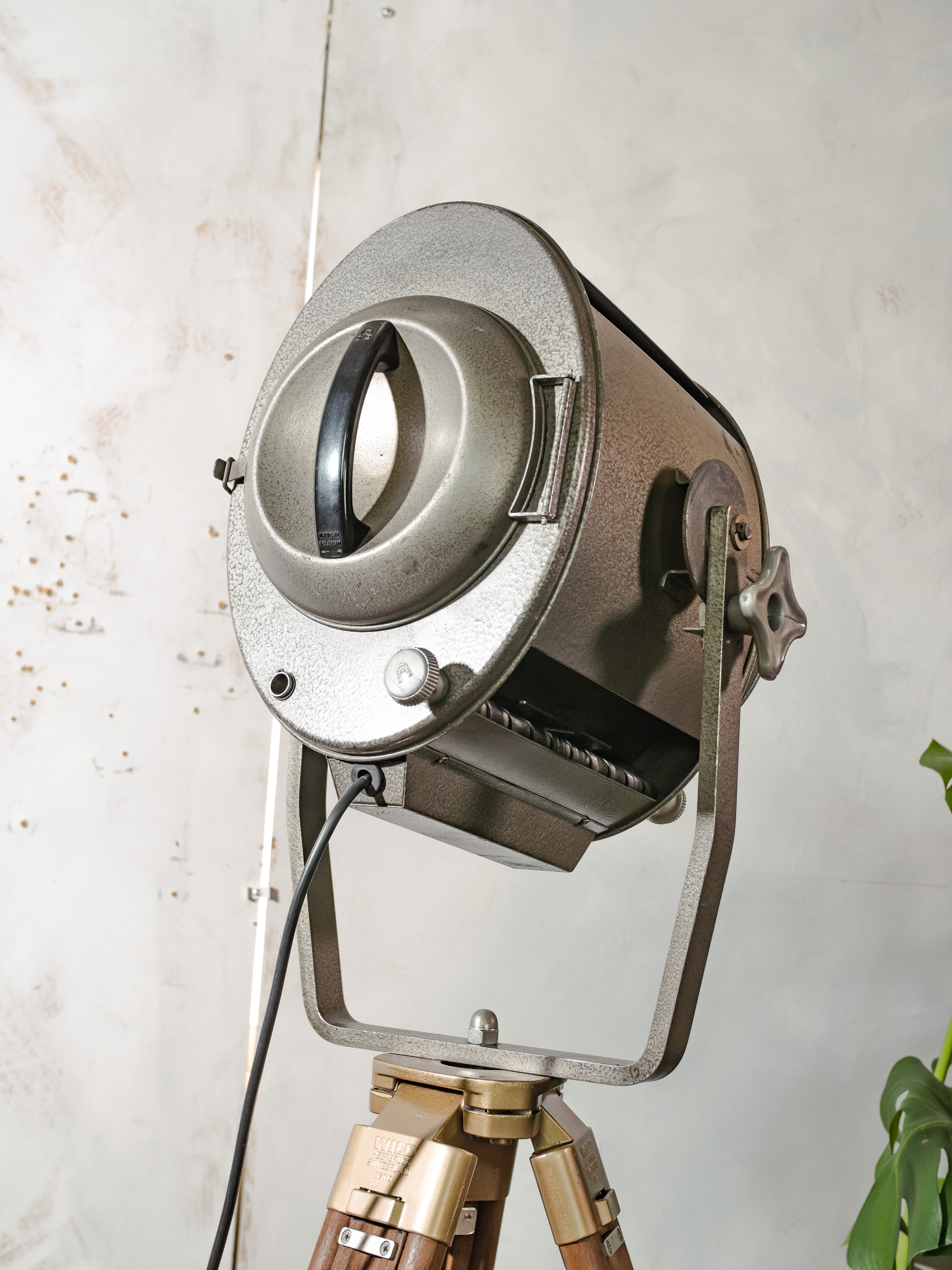ADB SP.1000 Belgian Theatre Spotlight Floor Lamp | 1960s 1KW Stage Light on Wild Heerbrugg Surveyor's Tripod