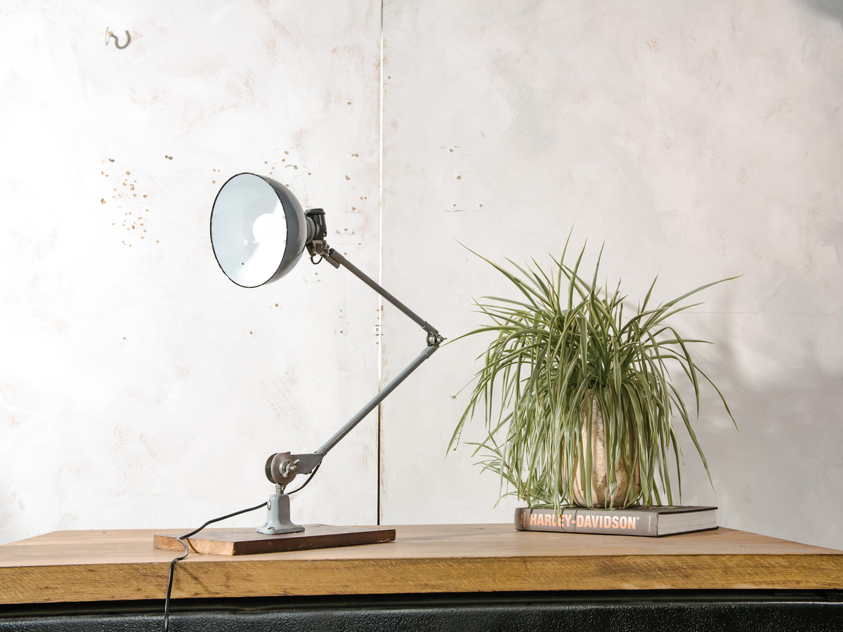 Rademacher Task Lamp | 1930s German Wall or Desk Work Lamp, Blue-Grey Enamel shade