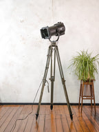 Black Strand Electric Patt 23N Follow Spotlight Floor Lamp | 1960s Theatre Stage Light in Original Paint on Ertel-Werk Bundeswehr Tripod