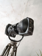 Black Strand Electric Patt 23N Follow Spotlight Floor Lamp | 1960s Theatre Stage Light in Original Paint on Ertel-Werk Bundeswehr Tripod