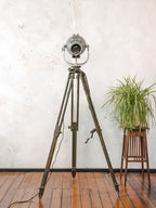 Bead-Blasted Strand Electric Patt 23 “Pig Nose” Spotlight Floor Lamp | 1960s Raw Aluminium Stage Light on Ertel-Werk Bundeswehr Tripod