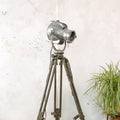 Bead-Blasted Strand Electric Patt 23 “Pig Nose” Spotlight Floor Lamp | 1960s Raw Aluminium Stage Light on Ertel-Werk Bundeswehr Tripod