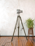 Bead-Blasted Strand Electric Patt 23 “Pig Nose” Spotlight Floor Lamp | 1960s Raw Aluminium Stage Light on Ertel-Werk Bundeswehr Tripod