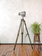 Bead-Blasted Strand Electric Patt 23 “Pig Nose” Spotlight Floor Lamp | 1960s Raw Aluminium Stage Light on Ertel-Werk Bundeswehr Tripod