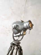 Bead-Blasted Strand Electric Patt 23 “Pig Nose” Spotlight Floor Lamp | 1960s Raw Aluminium Stage Light on Ertel-Werk Bundeswehr Tripod