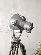 Bead-Blasted Strand Electric Patt 23 “Pig Nose” Spotlight Floor Lamp | 1960s Raw Aluminium Stage Light on Ertel-Werk Bundeswehr Tripod
