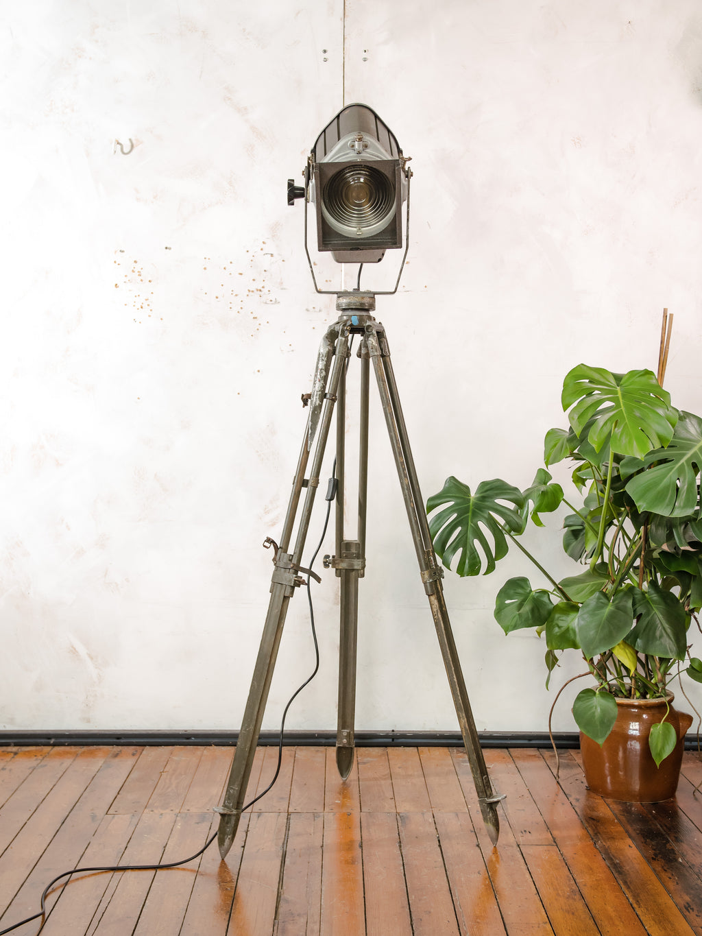 VEB Narva Theatre Spotlight Floor Lamp | East German GDR Stage Light on Ertel-Werk Bundeswehr Tripod