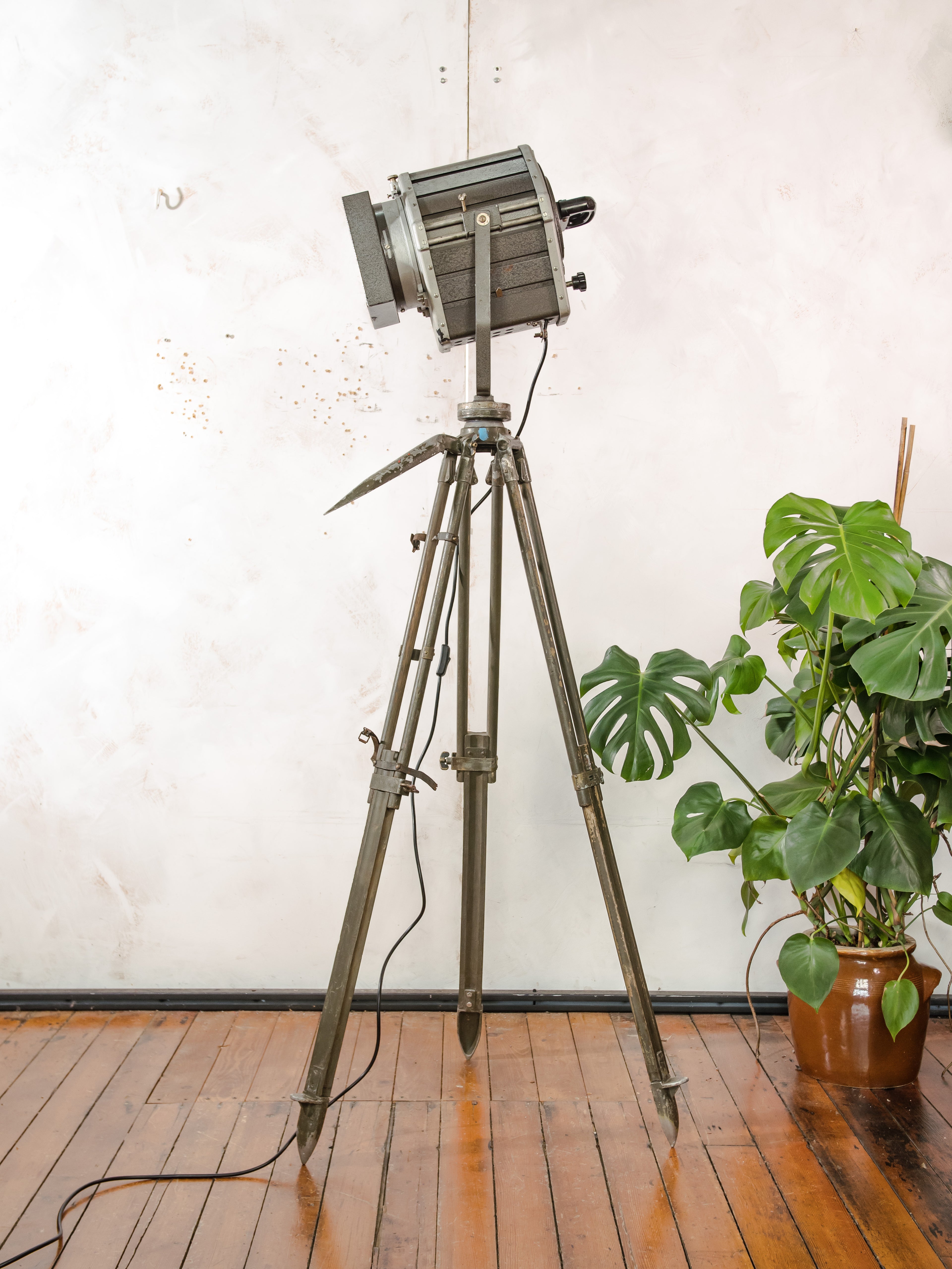 VEB Narva Theatre Spotlight Floor Lamp | East German GDR Stage Light on Ertel-Werk Bundeswehr Tripod