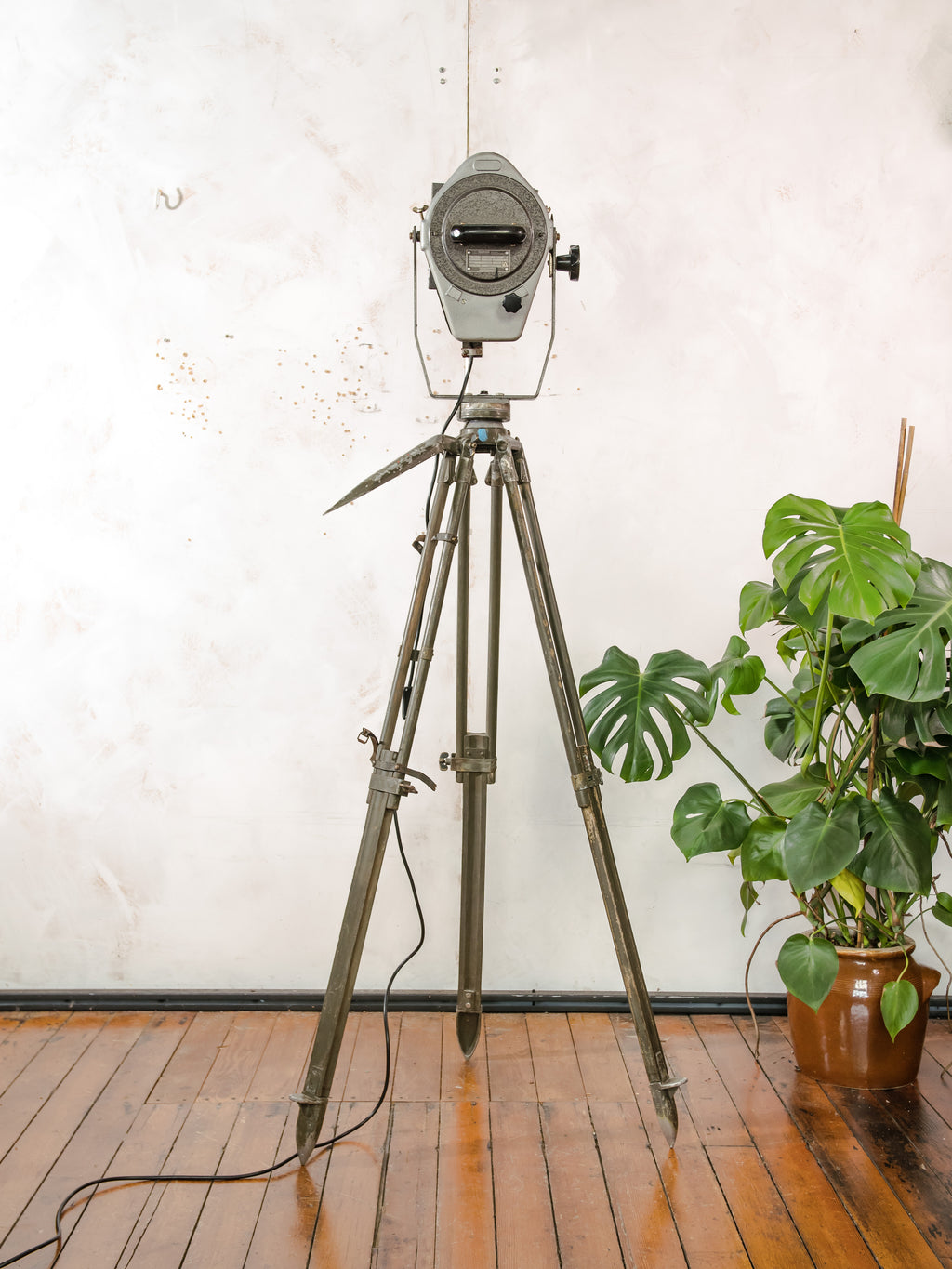 VEB Narva Theatre Spotlight Floor Lamp | East German GDR Stage Light on Ertel-Werk Bundeswehr Tripod
