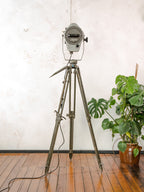 VEB Narva Theatre Spotlight Floor Lamp | East German GDR Stage Light on Ertel-Werk Bundeswehr Tripod