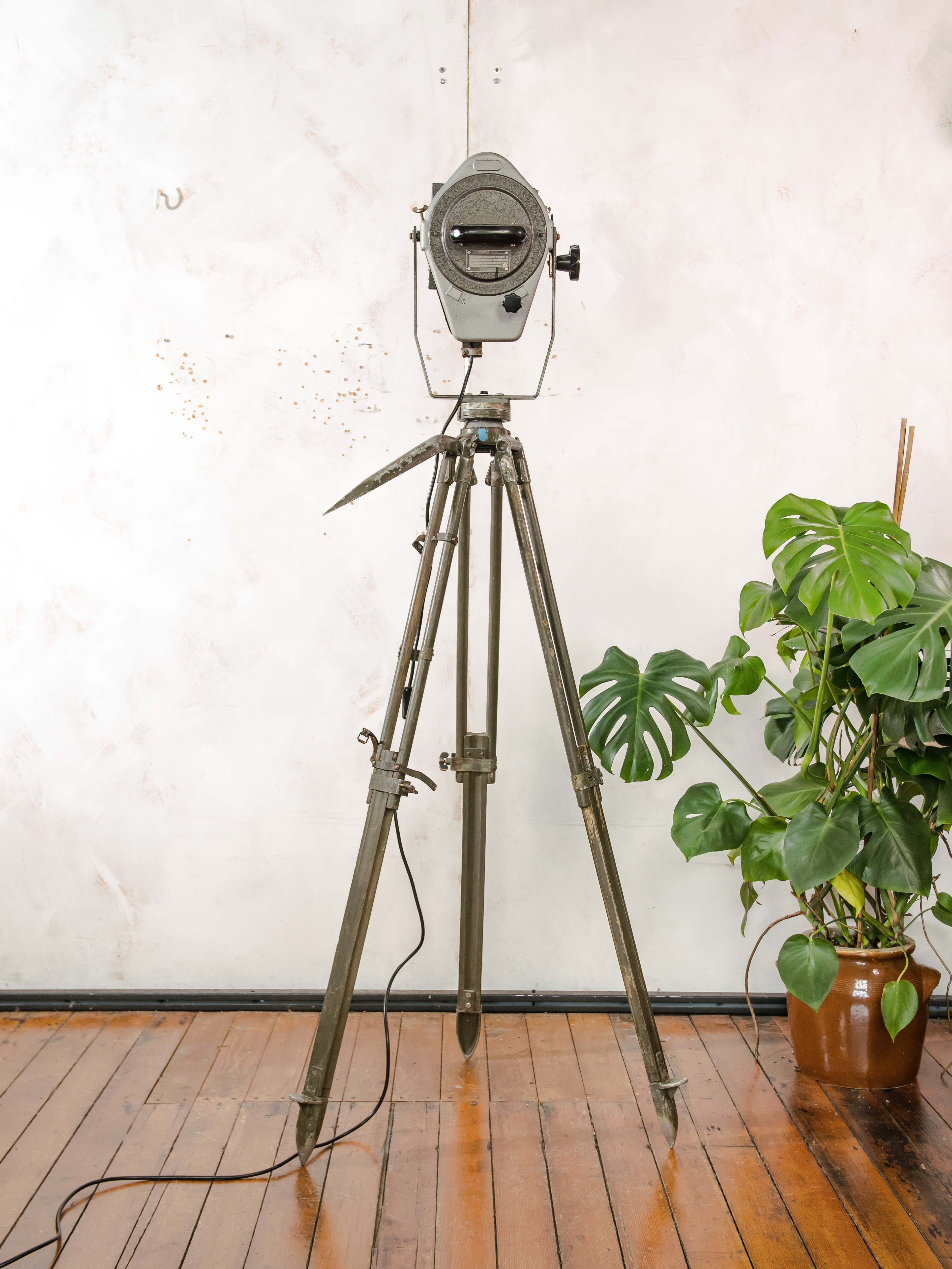 VEB Narva Theatre Spotlight Floor Lamp | East German GDR Stage Light on Ertel-Werk Bundeswehr Tripod