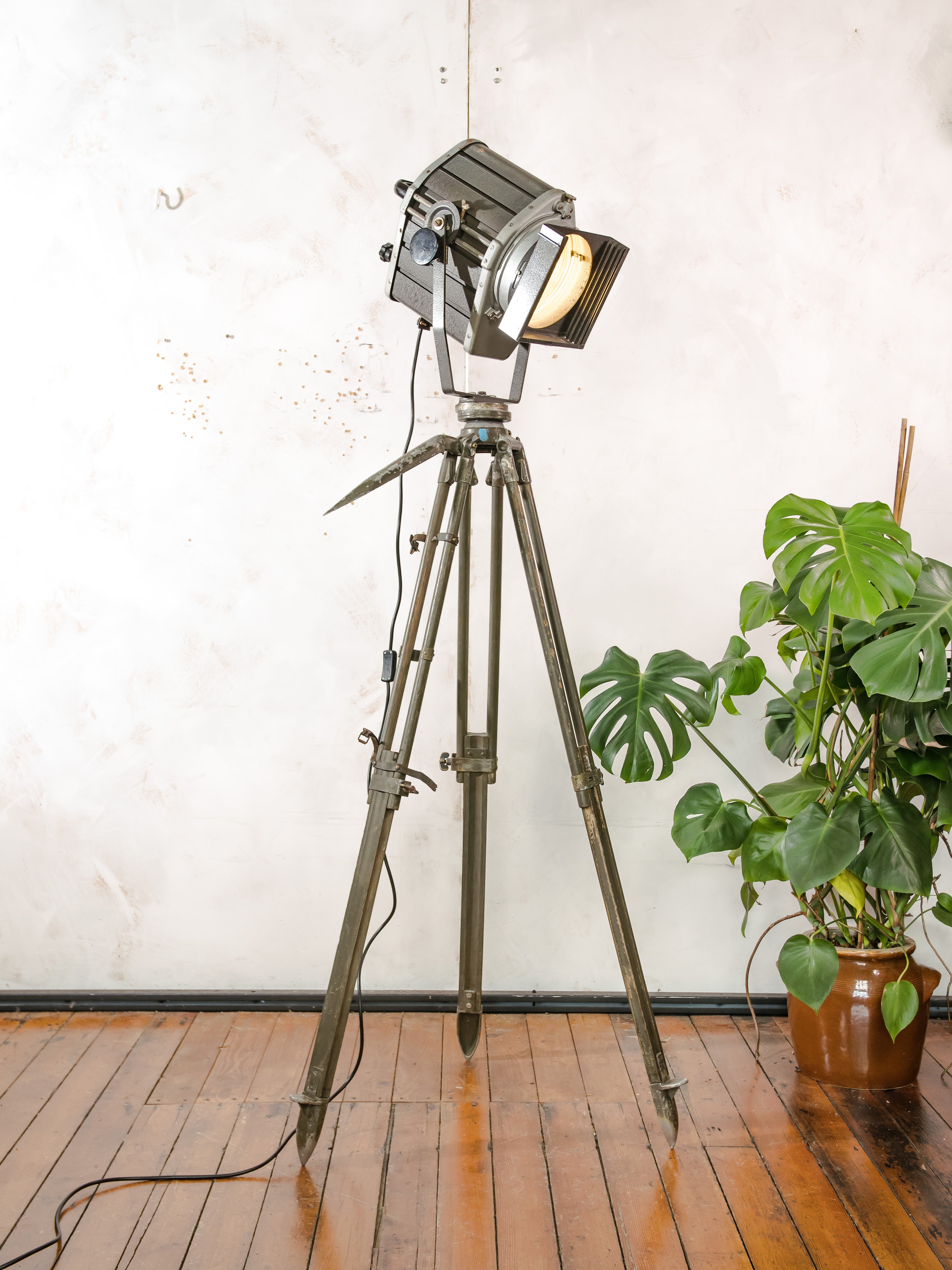VEB Narva Theatre Spotlight Floor Lamp | East German GDR Stage Light on Ertel-Werk Bundeswehr Tripod