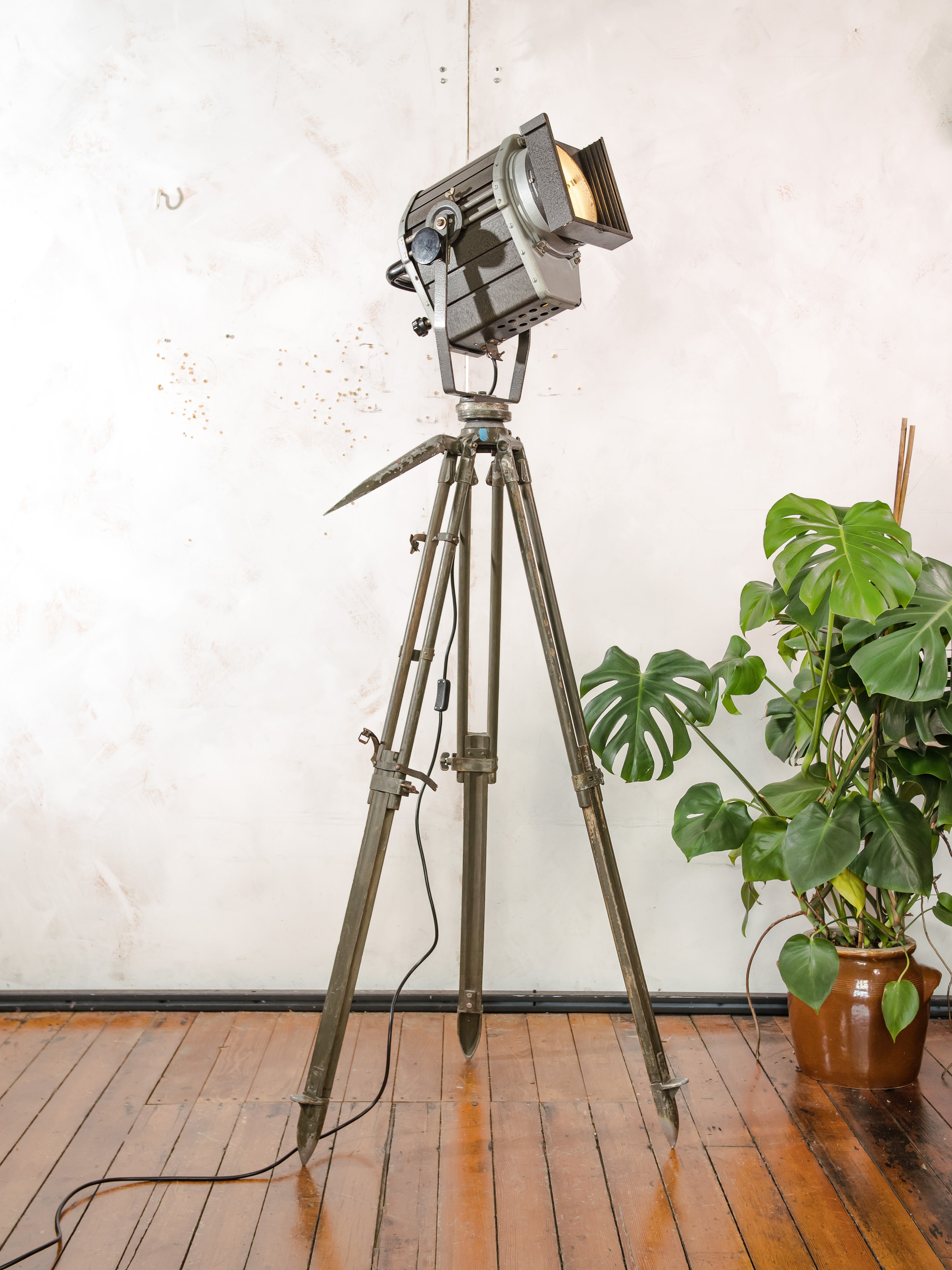 VEB Narva Theatre Spotlight Floor Lamp | East German GDR Stage Light on Ertel-Werk Bundeswehr Tripod