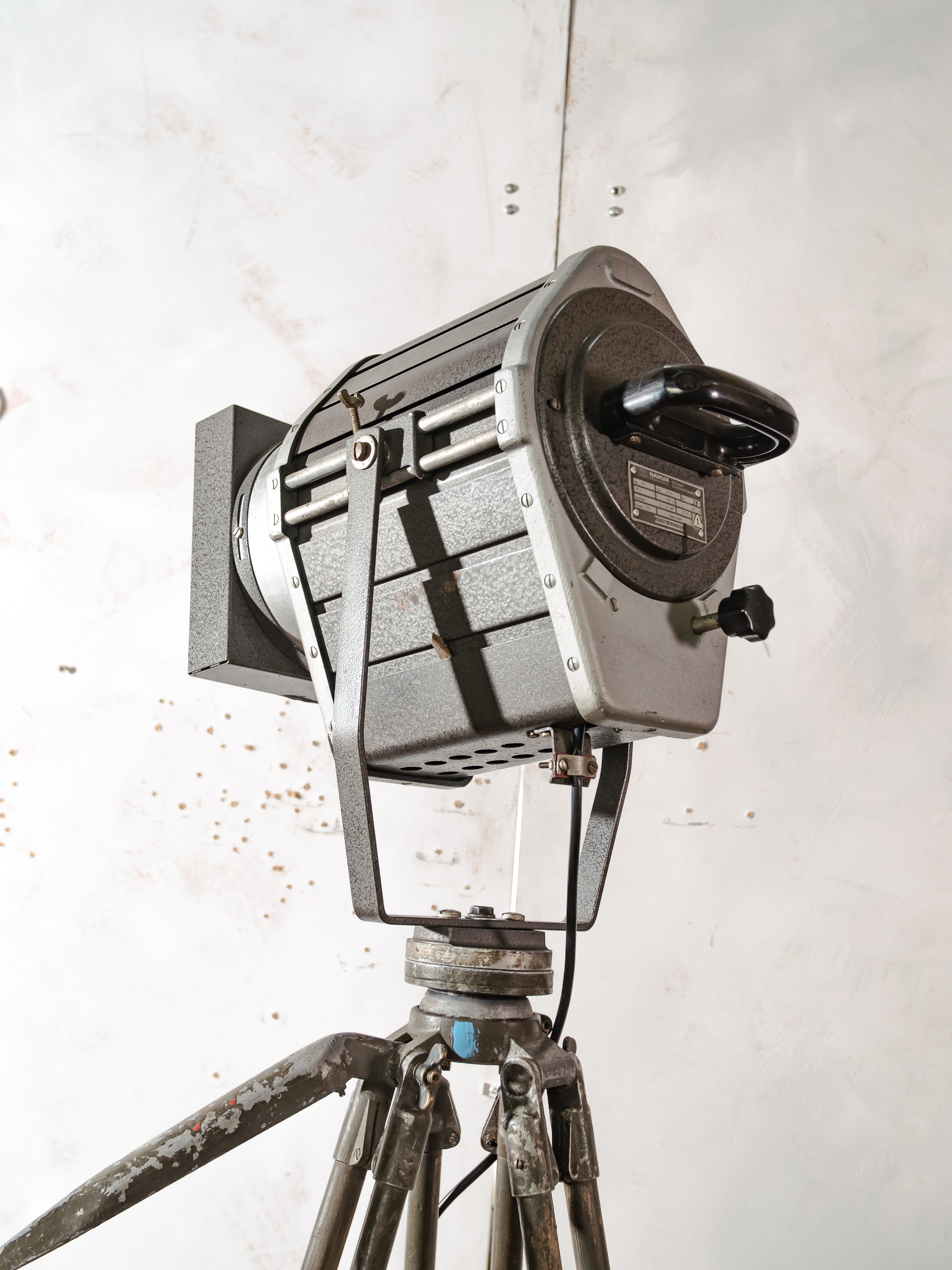 VEB Narva Theatre Spotlight Floor Lamp | East German GDR Stage Light on Ertel-Werk Bundeswehr Tripod