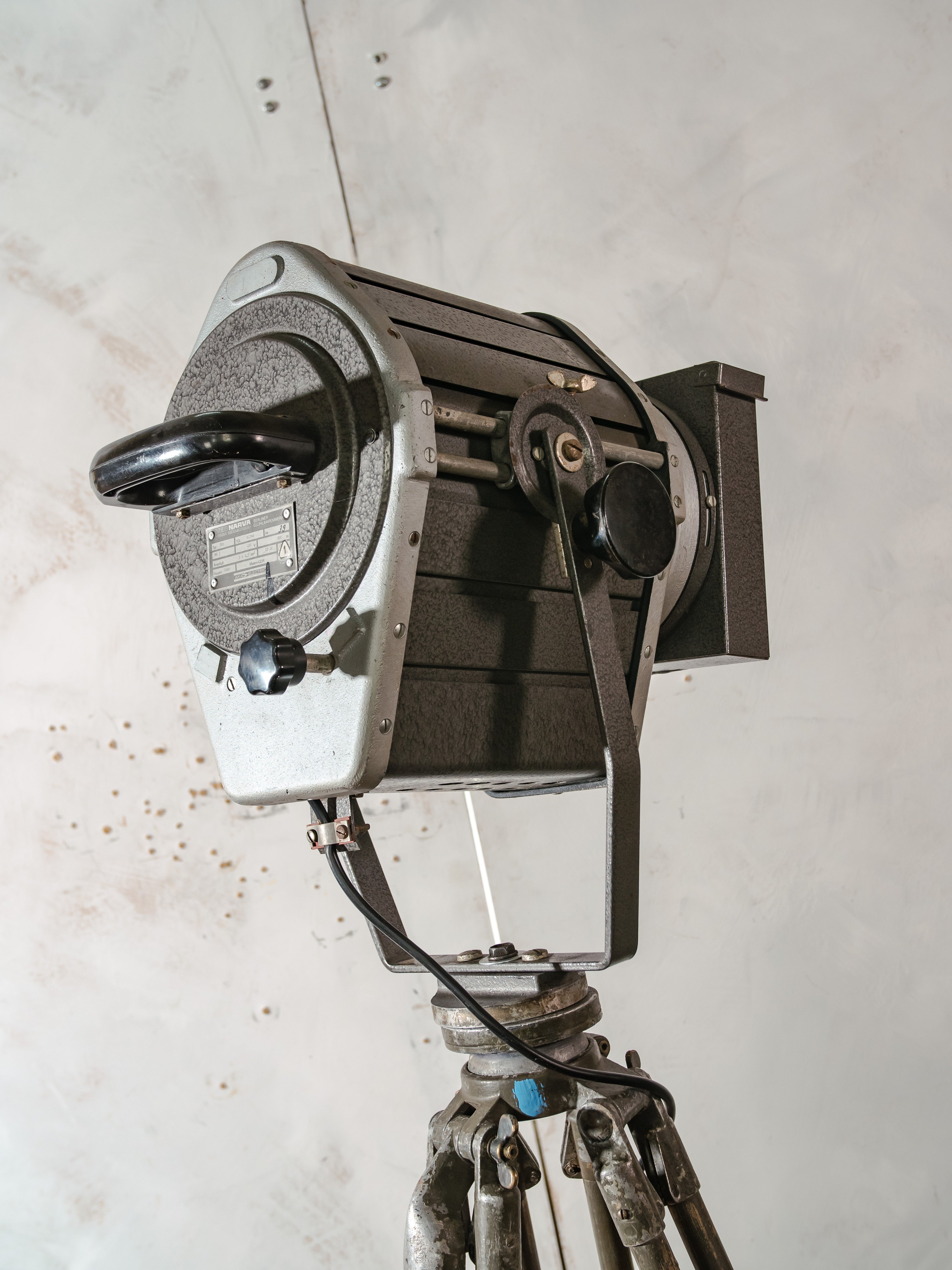 VEB Narva Theatre Spotlight Floor Lamp | East German GDR Stage Light on Ertel-Werk Bundeswehr Tripod