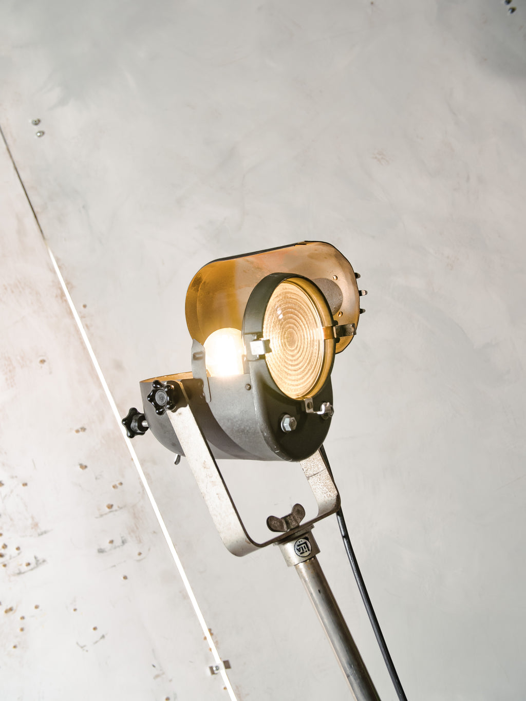 LITA Theatre Spotlight Floor Lamp | 1950s French Fresnel Projector on Rare Original Rolling Tripod
