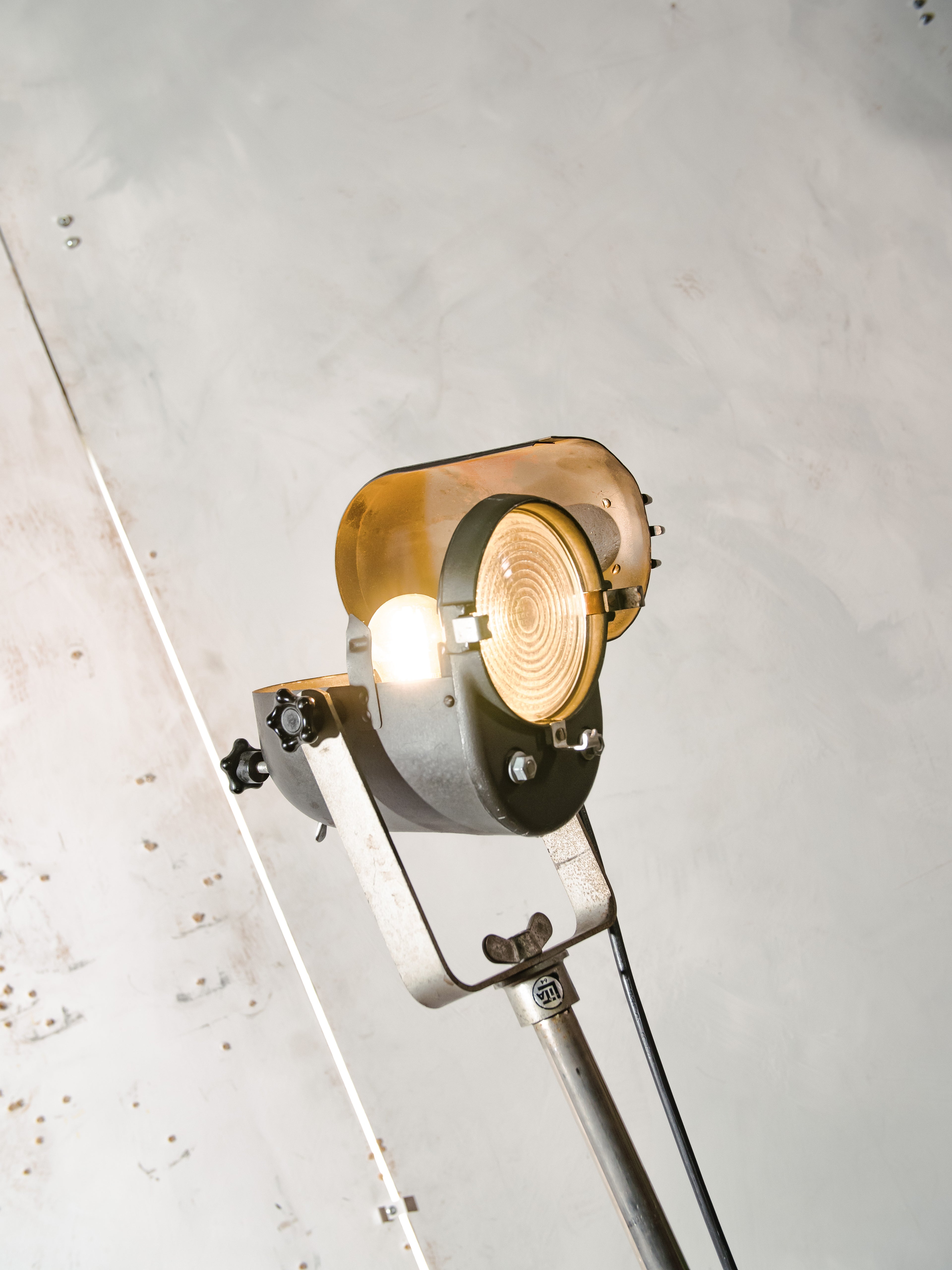 LITA Theatre Spotlight Floor Lamp | 1950s French Fresnel Projector on Rare Original Rolling Tripod