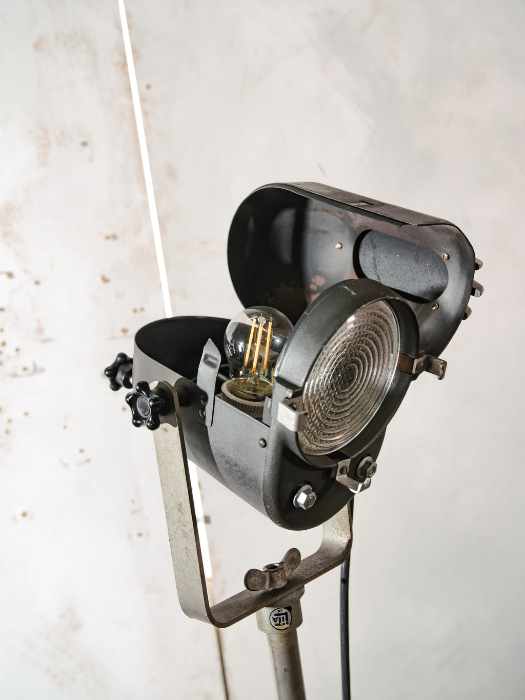LITA Theatre Spotlight Floor Lamp | 1950s French Fresnel Projector on Rare Original Rolling Tripod