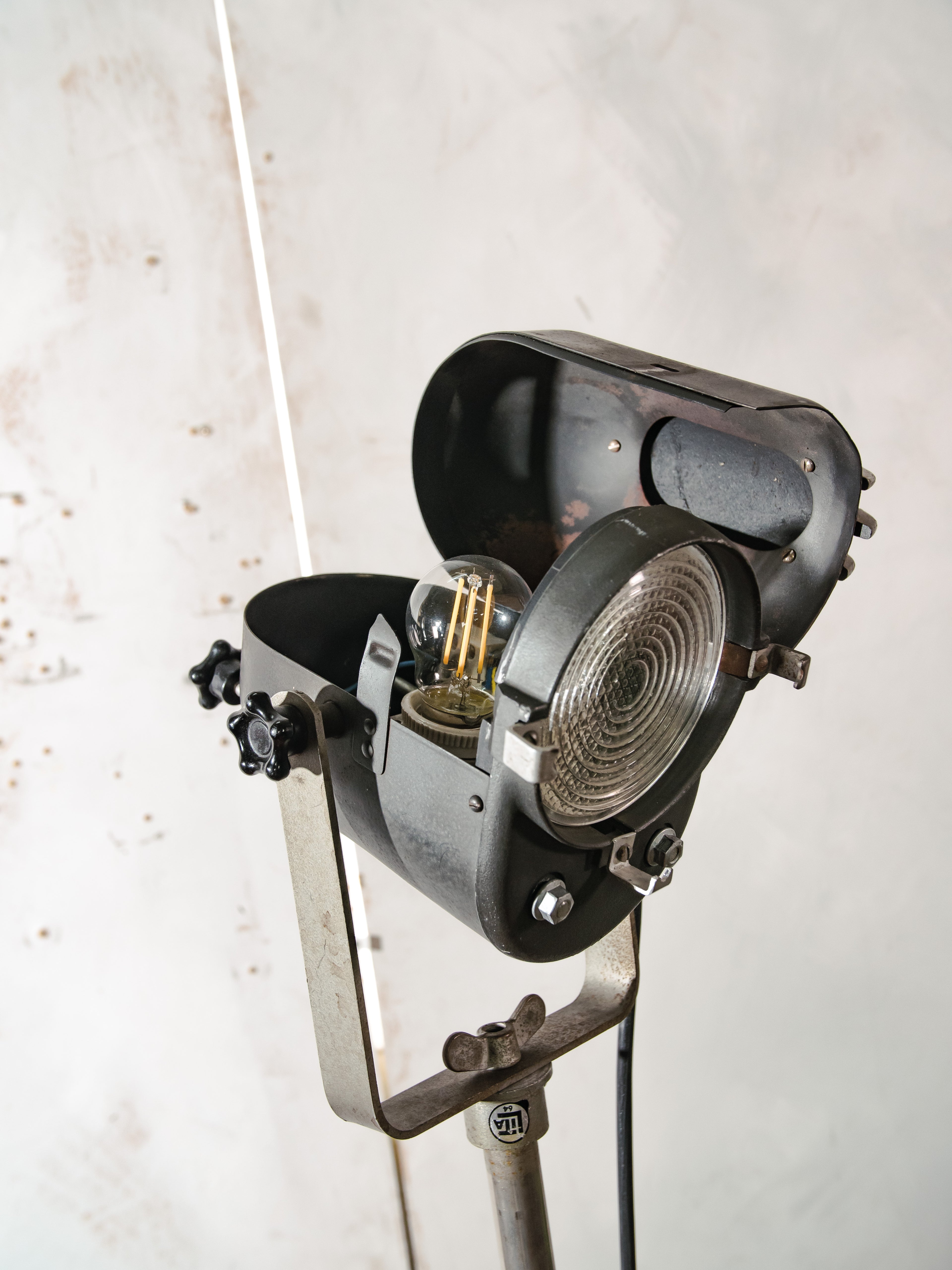 LITA Theatre Spotlight Floor Lamp | 1950s French Fresnel Projector on Rare Original Rolling Tripod