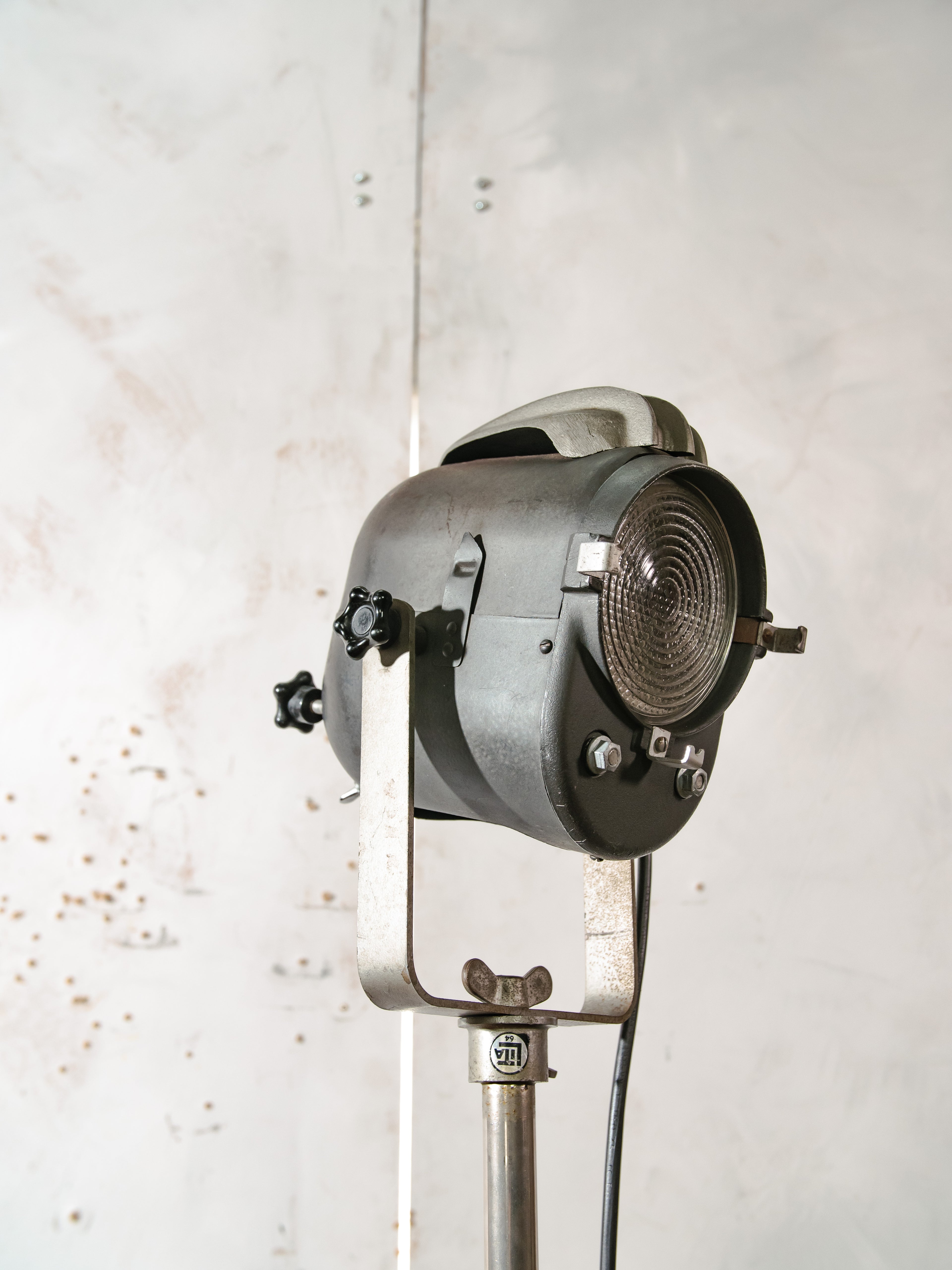 LITA Theatre Spotlight Floor Lamp | 1950s French Fresnel Projector on Rare Original Rolling Tripod