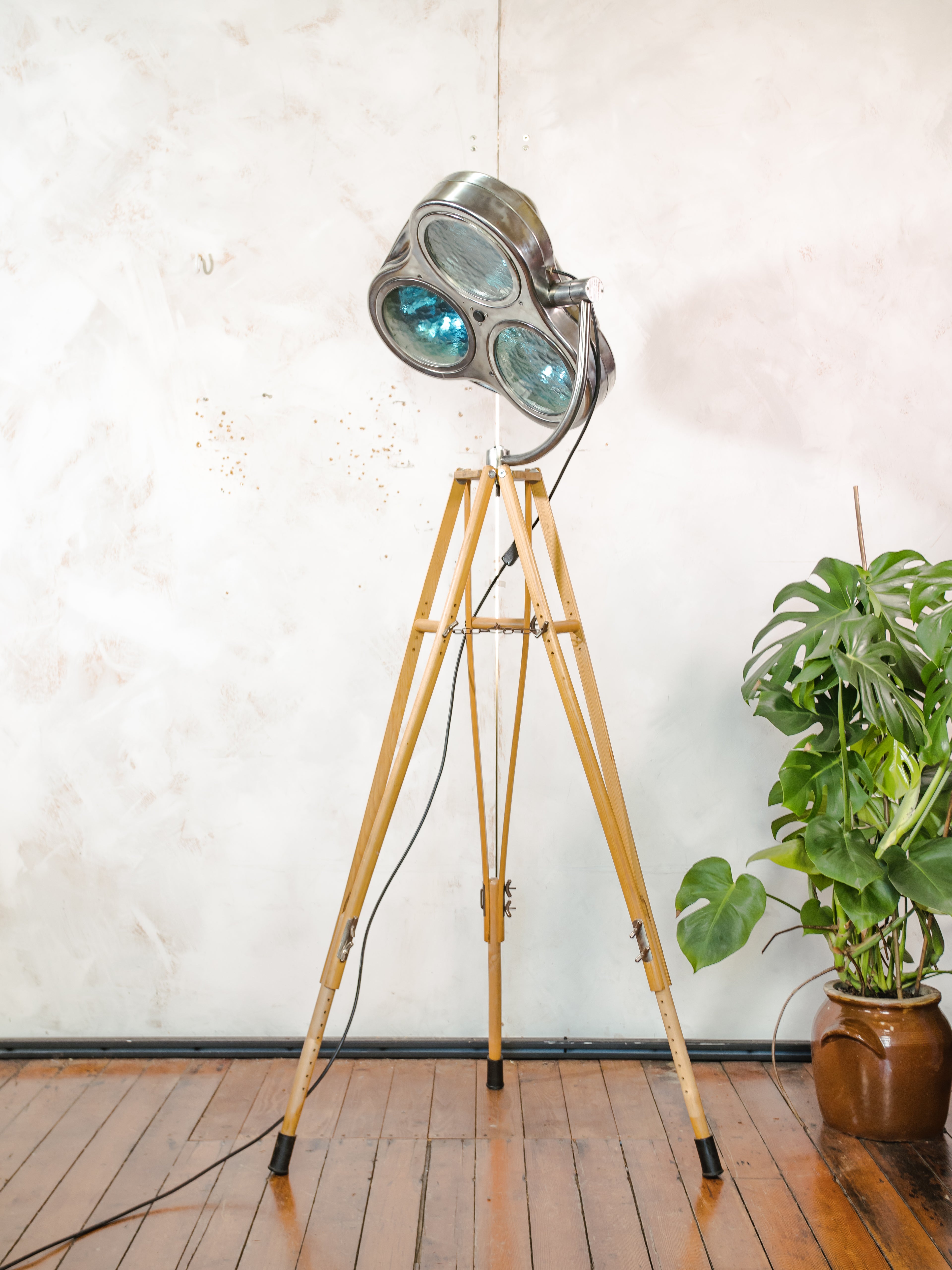 Polished Surgical Spotlight Heraeus Hanaulux London Floor Lamp | Army Crutch Tripod | Blue Lenses | Upcycled Hospital Light | Statement Lamp