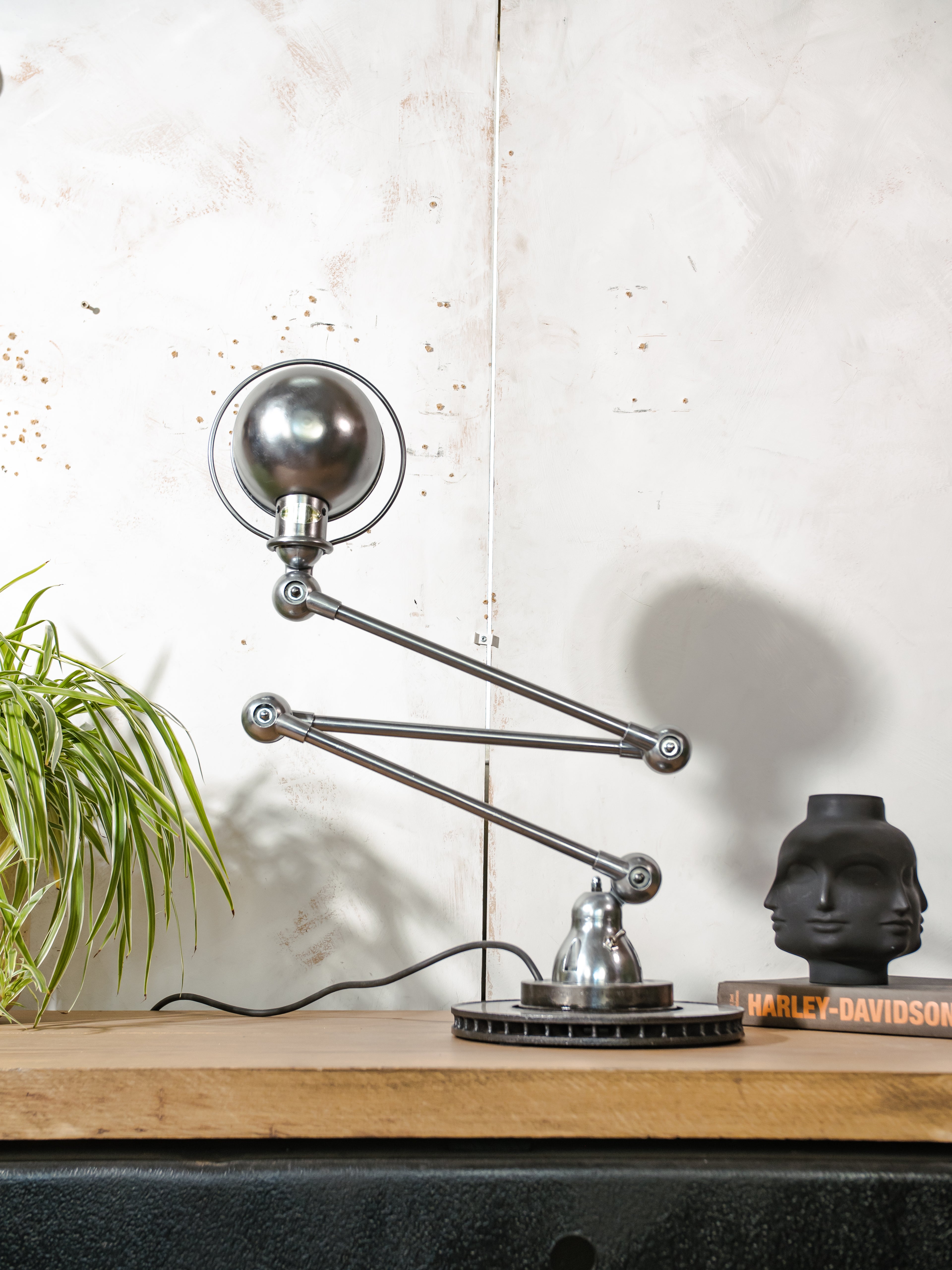 Vintage Jieldé 3 Arm Workshop Lamp on Brake Disc | 1950s French Designer Desk Lamp | Polished | Rewired | Jean-Louis Domecq | Loft Light