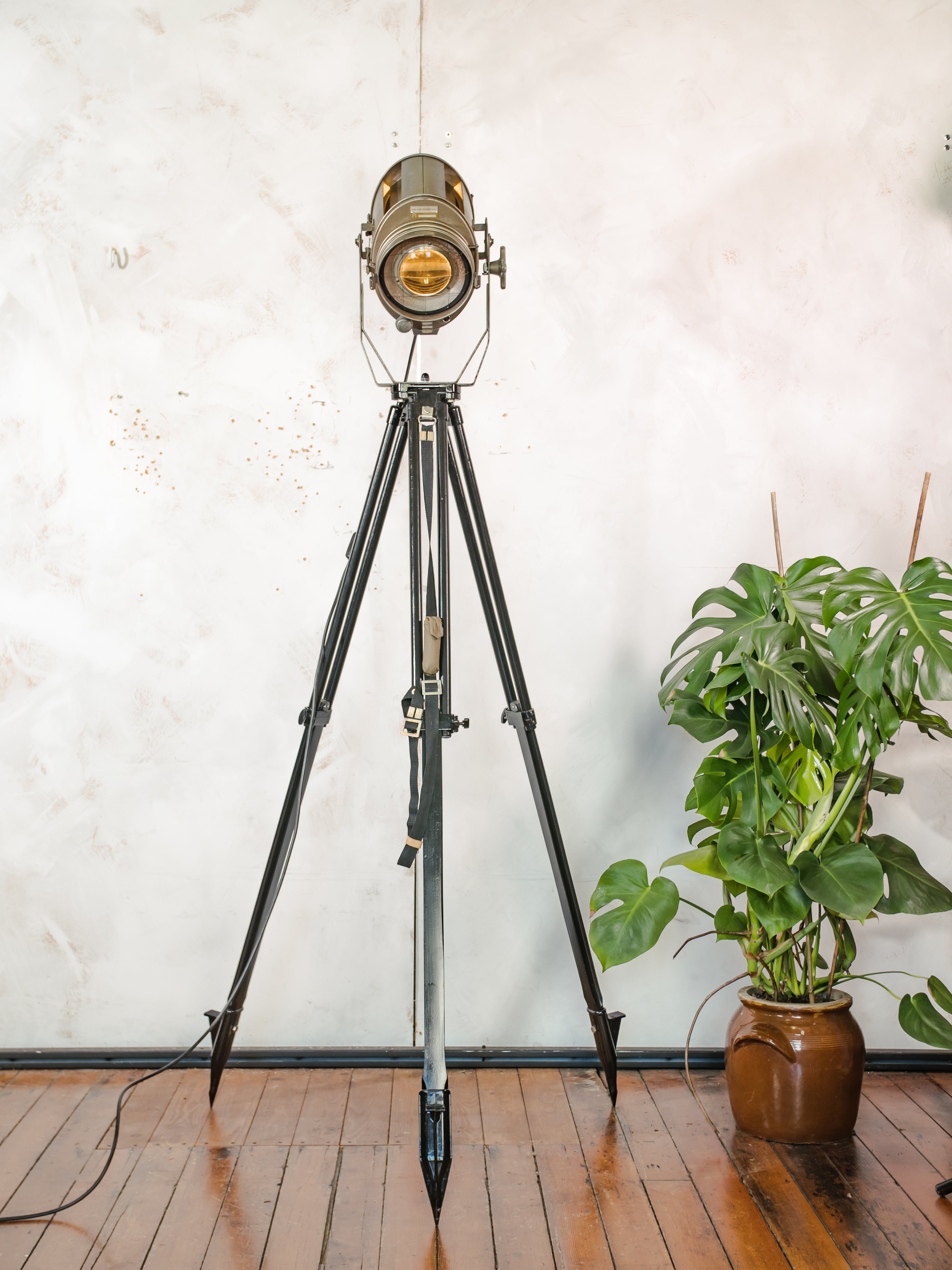 Vintage 1960s ADB Belgium Theater Spotlight Floor Lamp | Industrial Tripod Stage Light | Rewired E27 | Flood & Spot | Loft Lighting Decor
