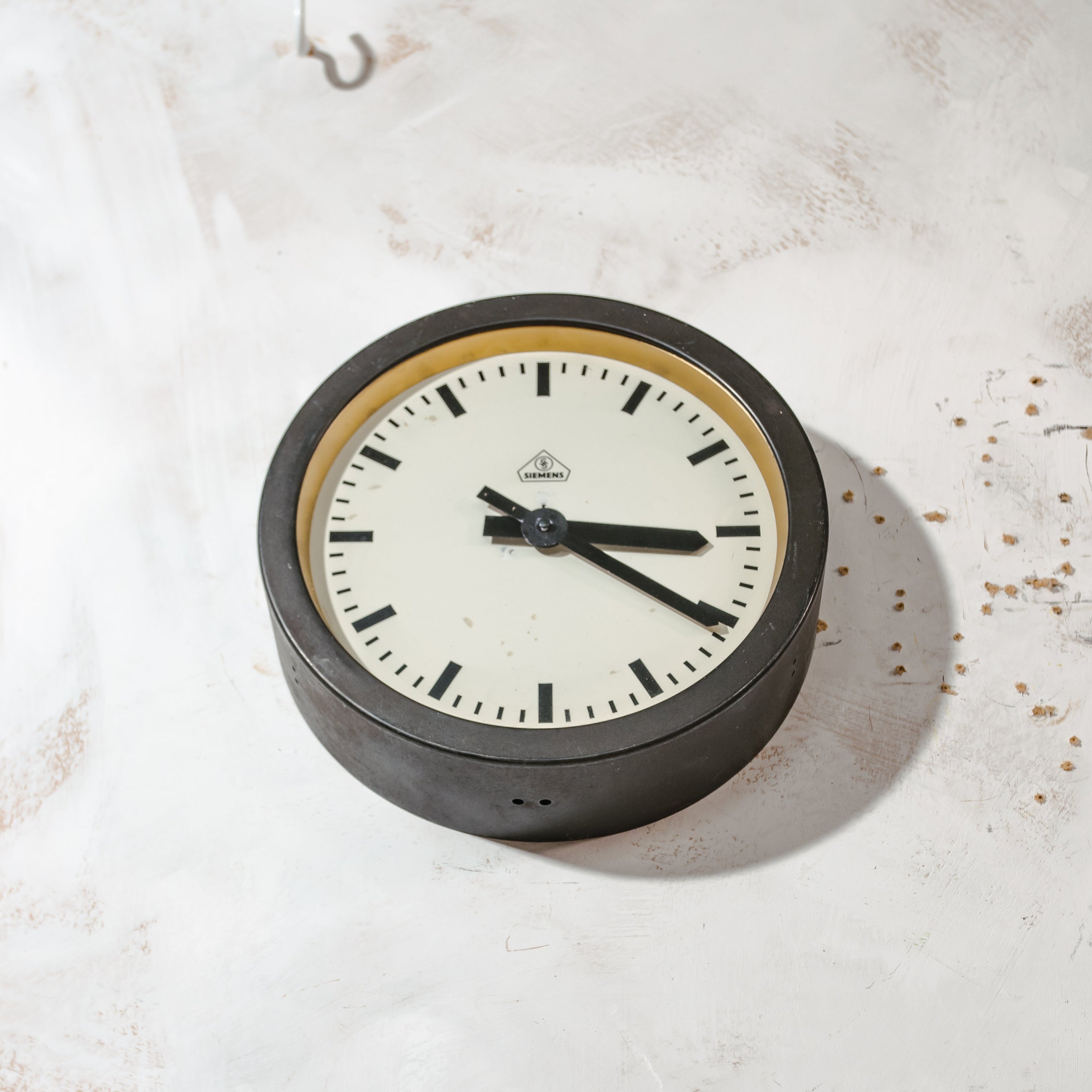 1930s Small Station Clock by Siemens, Ø30 CM, Satin Black Industrial Factory Clock, Converted to Quartz mechanism