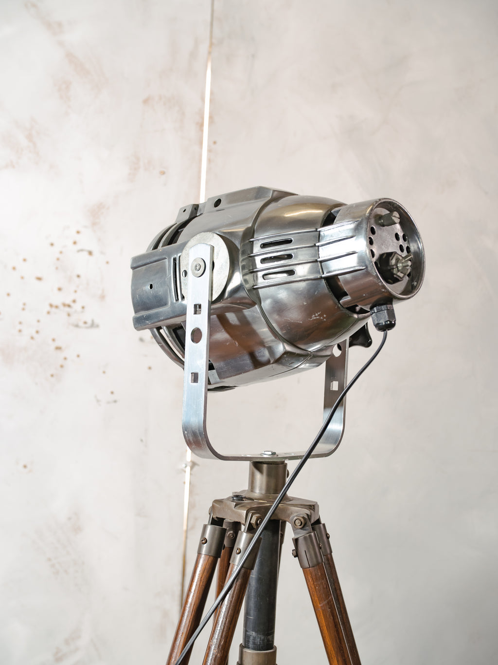 Industrial Theater Floor Lamp | Upcycled Studio Light | Chrome Stagelight on adjustable Wooden Tripod
