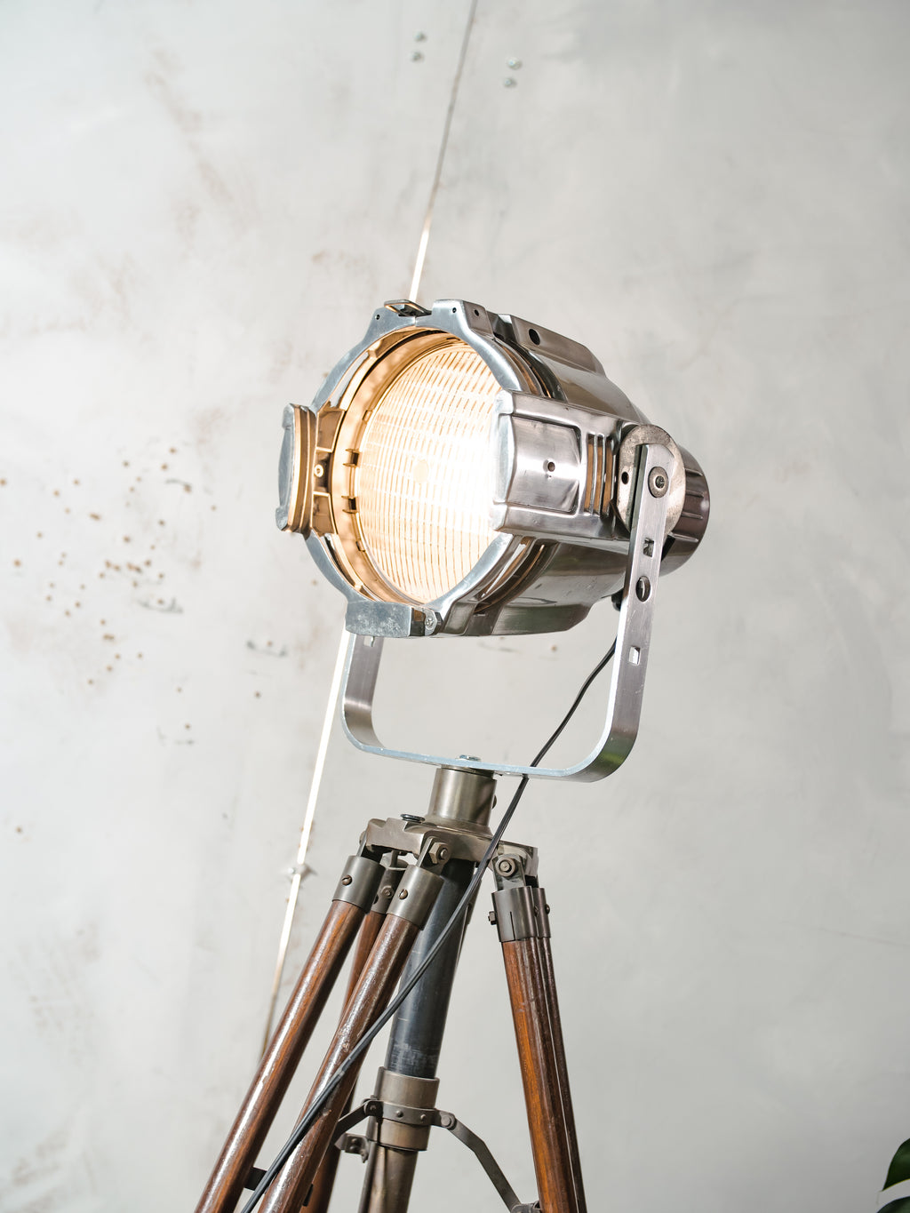 Industrial Theater Floor Lamp | Upcycled Studio Light | Chrome Stagelight on adjustable Wooden Tripod