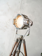 Industrial Theater Floor Lamp | Upcycled Studio Light | Chrome Stagelight on adjustable Wooden Tripod