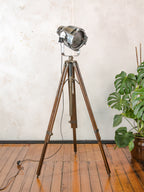Industrial Theater Floor Lamp | Upcycled Studio Light | Chrome Stagelight on adjustable Wooden Tripod