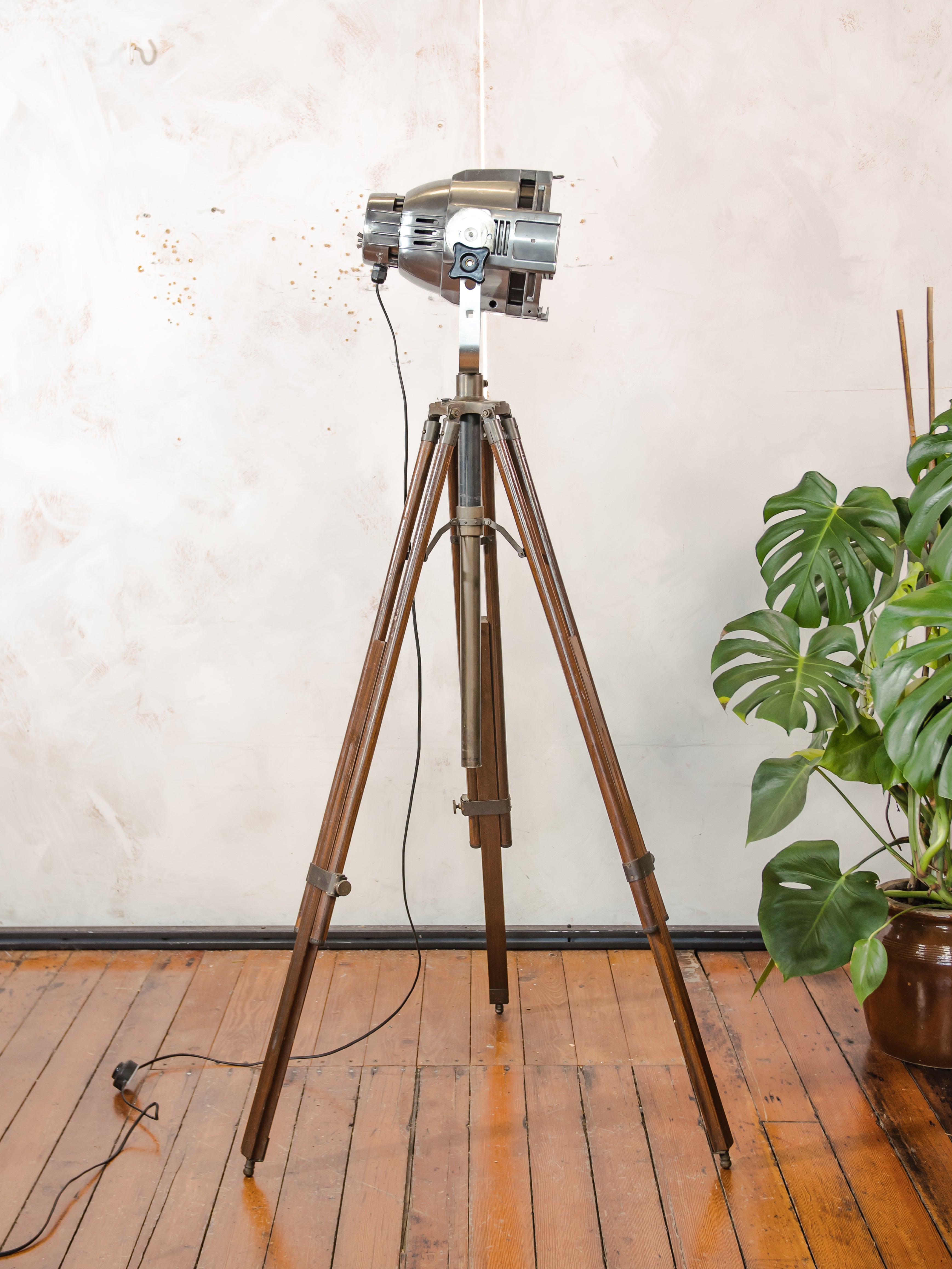 Industrial Theater Floor Lamp | Upcycled Studio Light | Chrome Stagelight on adjustable Wooden Tripod