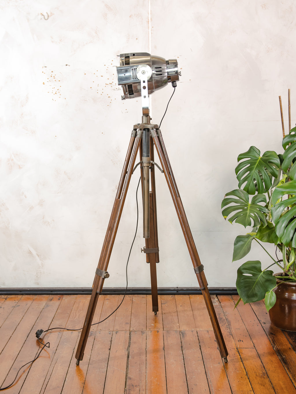 Industrial Theater Floor Lamp | Upcycled Studio Light | Chrome Stagelight on adjustable Wooden Tripod