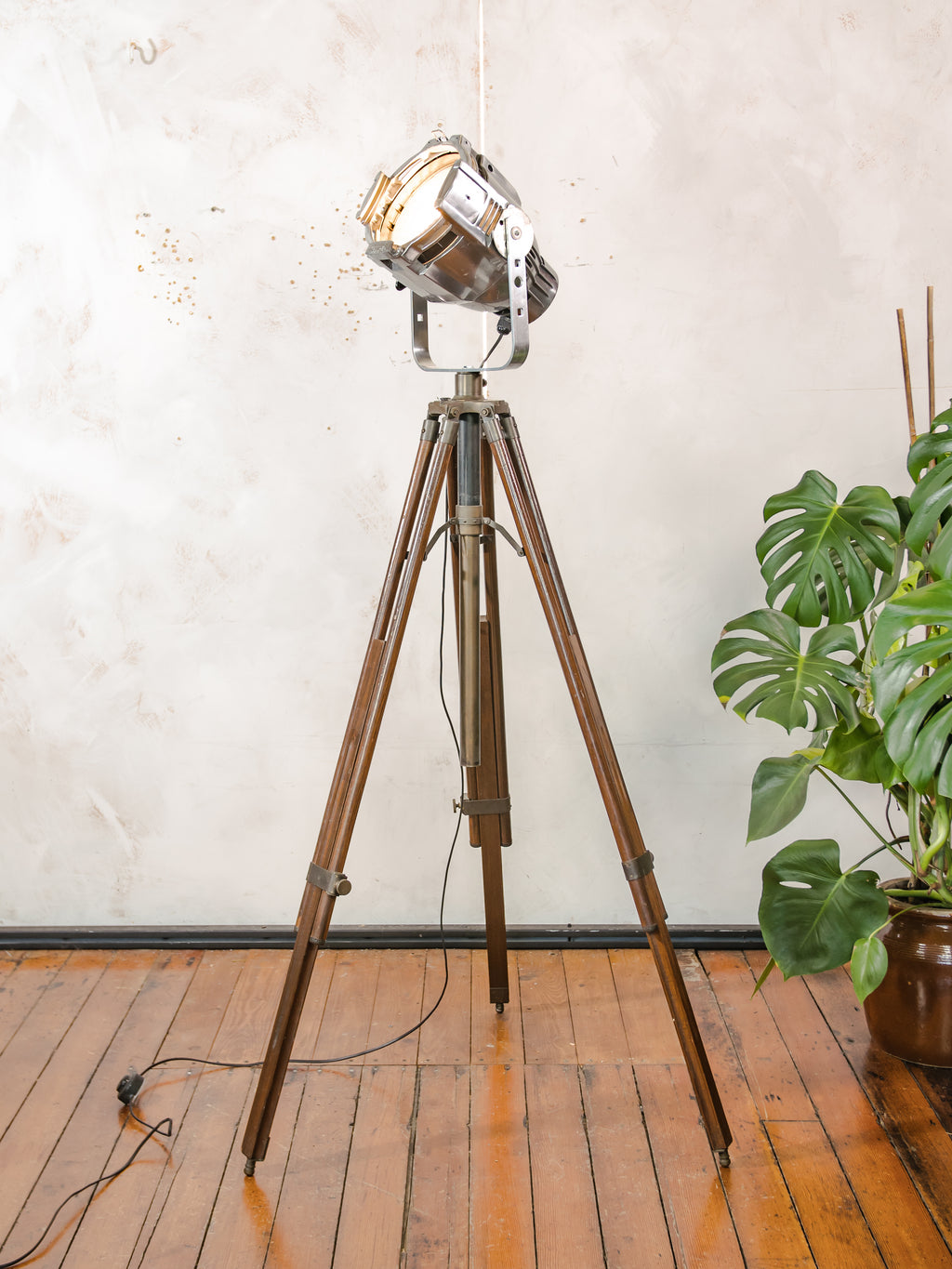 Industrial Theater Floor Lamp | Upcycled Studio Light | Chrome Stagelight on adjustable Wooden Tripod