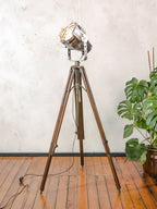 Industrial Theater Floor Lamp | Upcycled Studio Light | Chrome Stagelight on adjustable Wooden Tripod