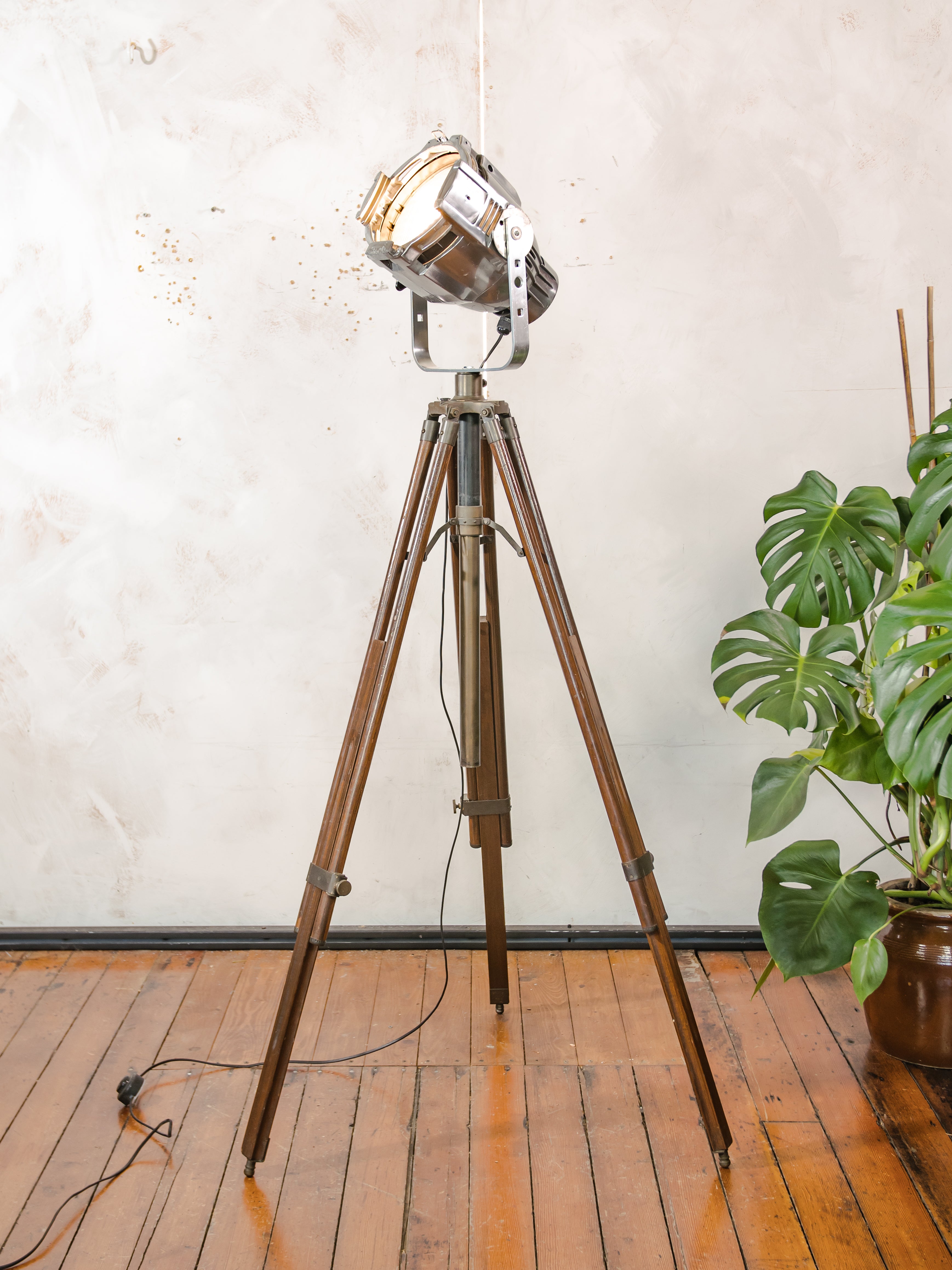 Industrial Theater Floor Lamp | Upcycled Studio Light | Chrome Stagelight on adjustable Wooden Tripod