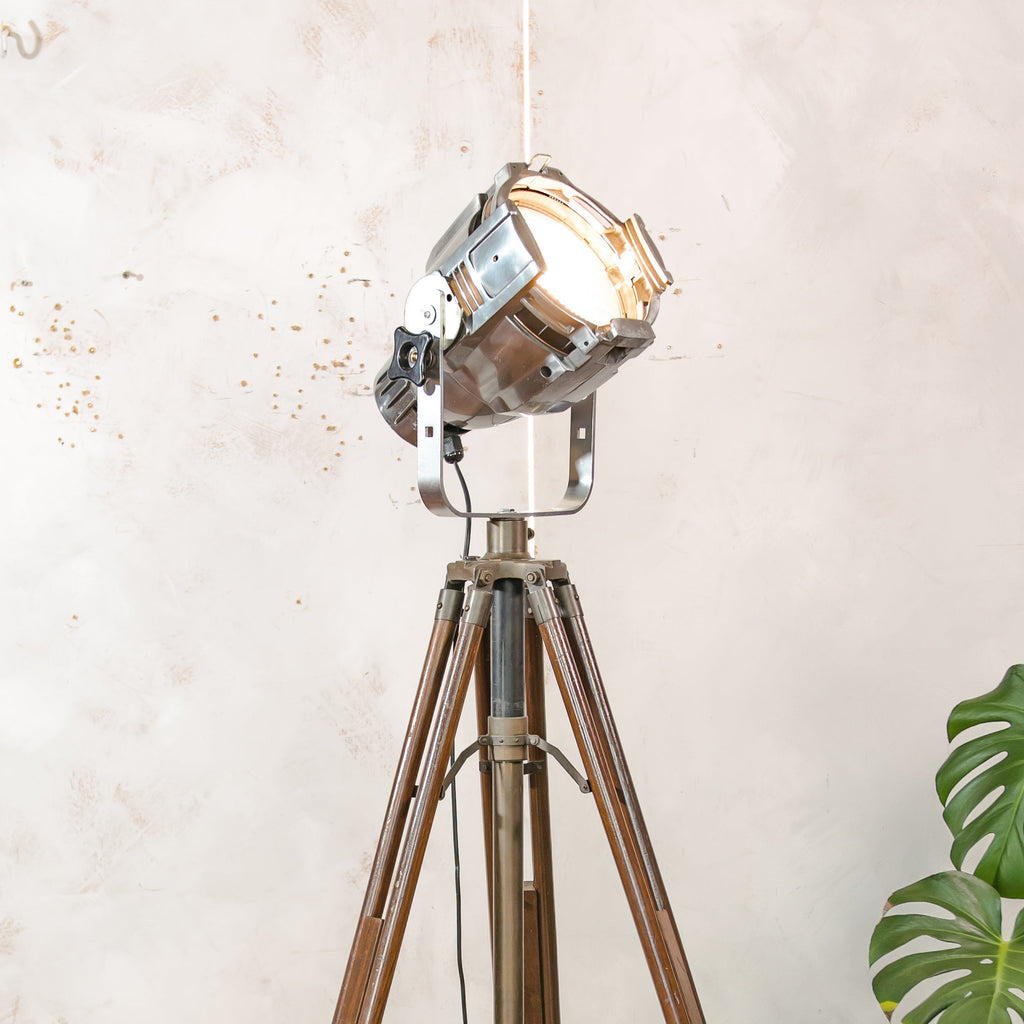 Industrial Theater Floor Lamp | Upcycled Studio Light | Chrome Stagelight on adjustable Wooden Tripod