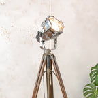 Industrial Theater Floor Lamp | Upcycled Studio Light | Chrome Stagelight on adjustable Wooden Tripod