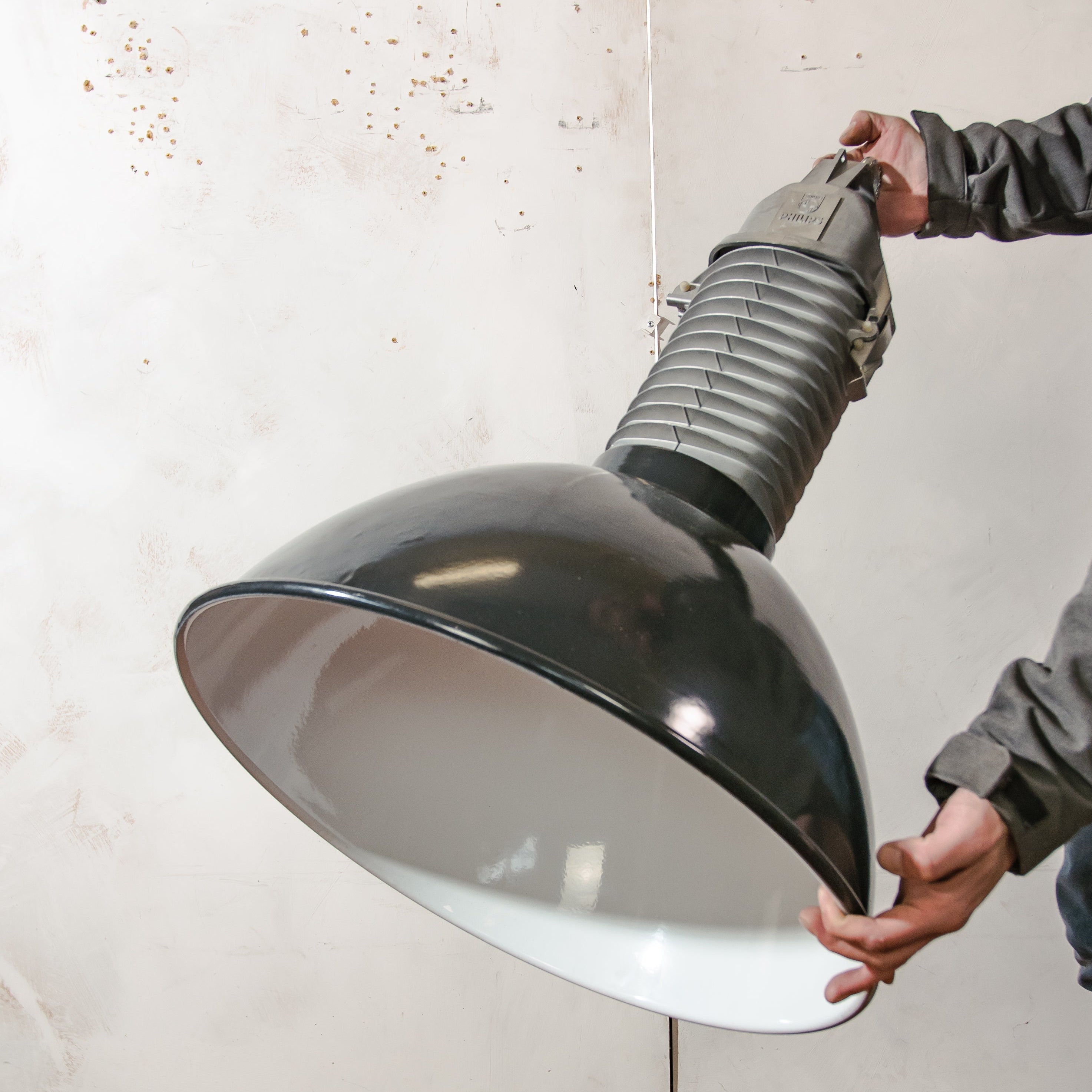 Industrial Black Enamel Pendant Light 1950s, Vintage Philips HDK 250, Large Factory Lamp, Kitchen Hanging Barn lighting