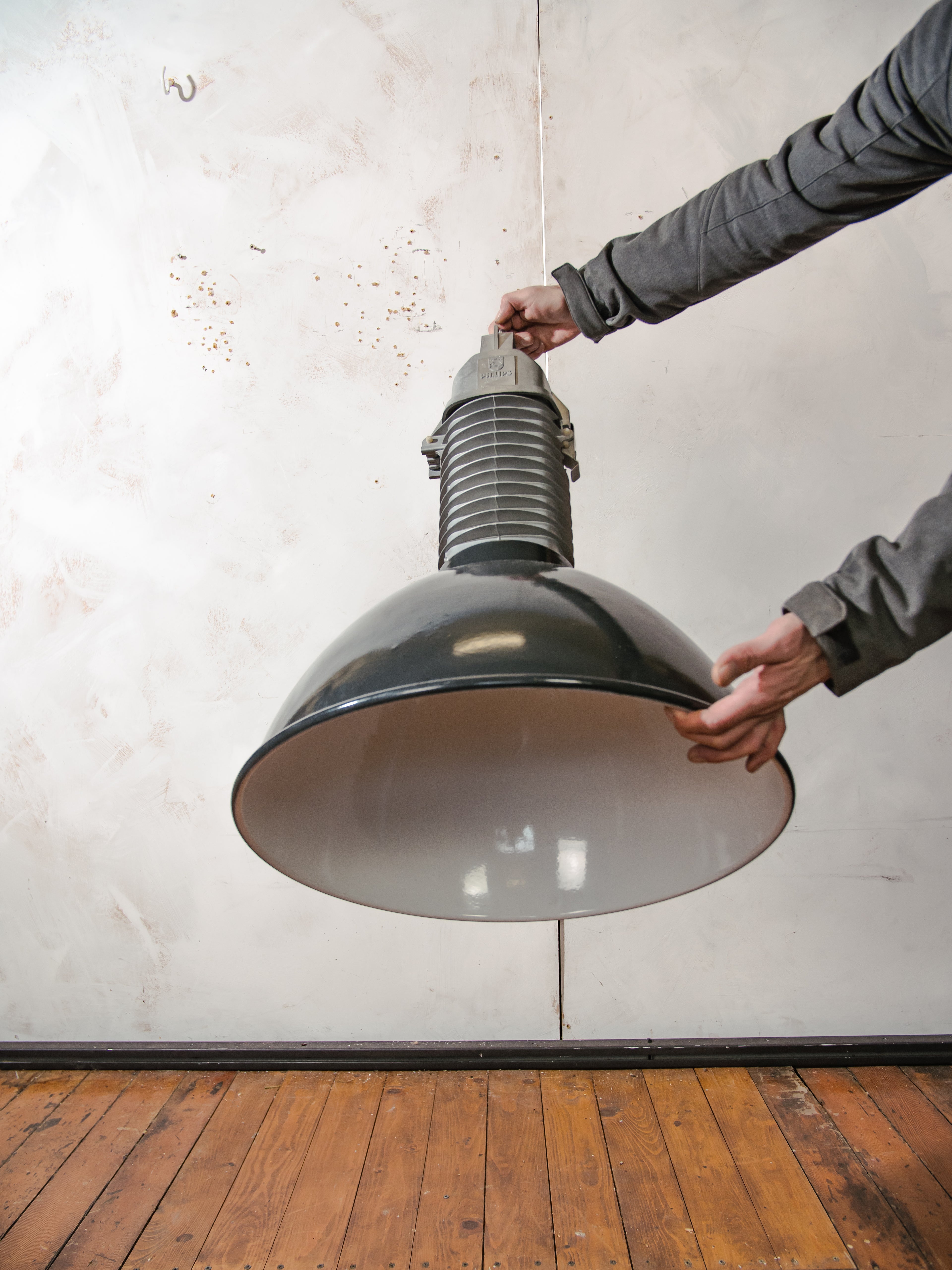 Industrial Black Enamel Pendant Light 1950s, Vintage Philips HDK 250, Large Factory Lamp, Kitchen Hanging Barn lighting