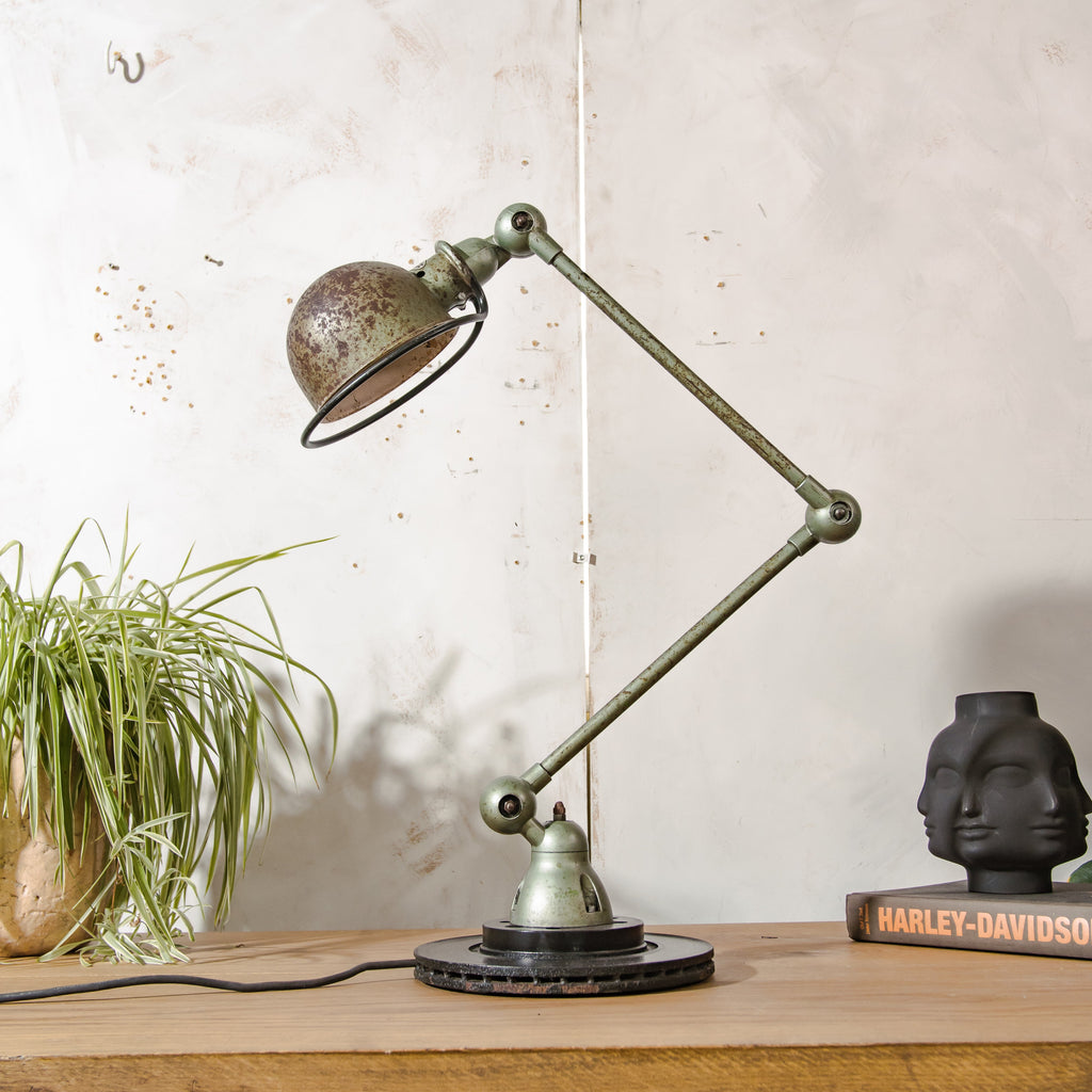 1950s Jieldé Vespa Green 2 Arm French Workshop Lamp on Brake disc, Jielde light, Vintage Designer Desk Lamp made by Jean Louis Domecq
