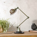 1950s Jieldé Vespa Green 2 Arm French Workshop Lamp on Brake disc, Jielde light, Vintage Designer Desk Lamp made by Jean Louis Domecq