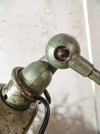 1950s Jieldé Vespa Green 2 Arm French Workshop Lamp on Brake disc, Jielde light, Vintage Designer Desk Lamp made by Jean Louis Domecq